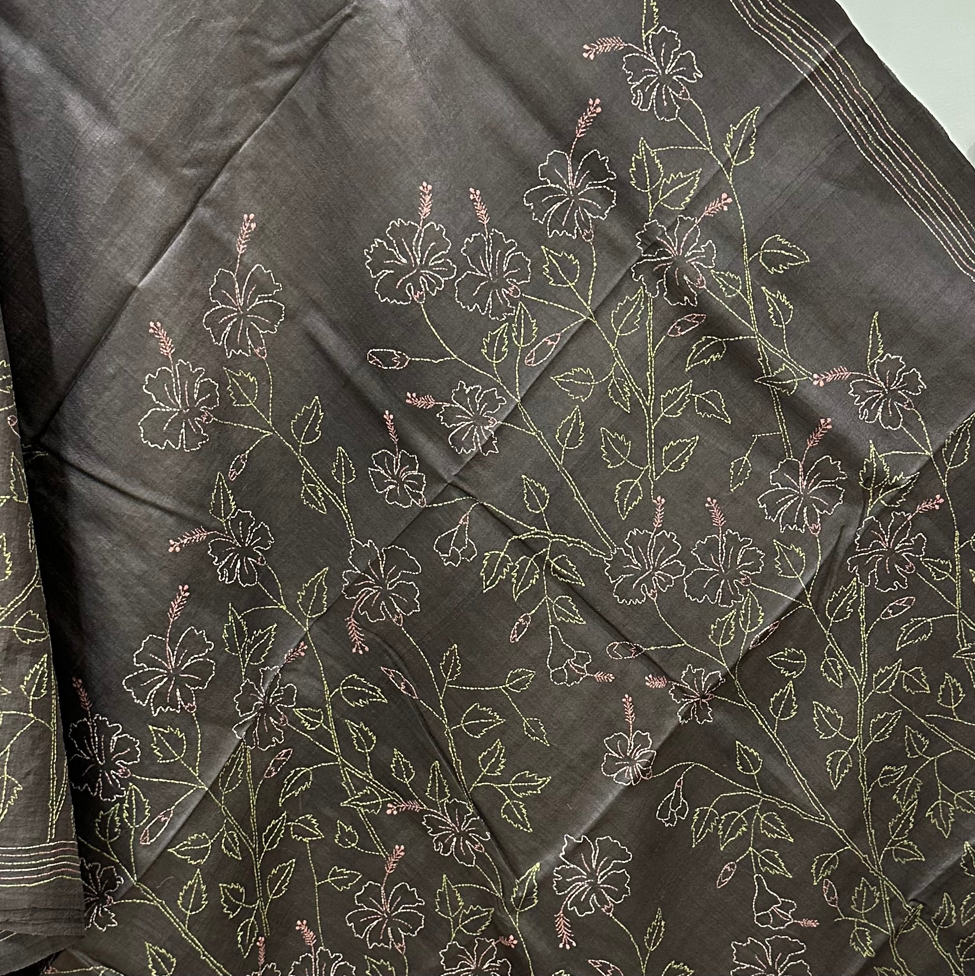 Grey Natural Dyed Handwoven Tussar with Kantha
