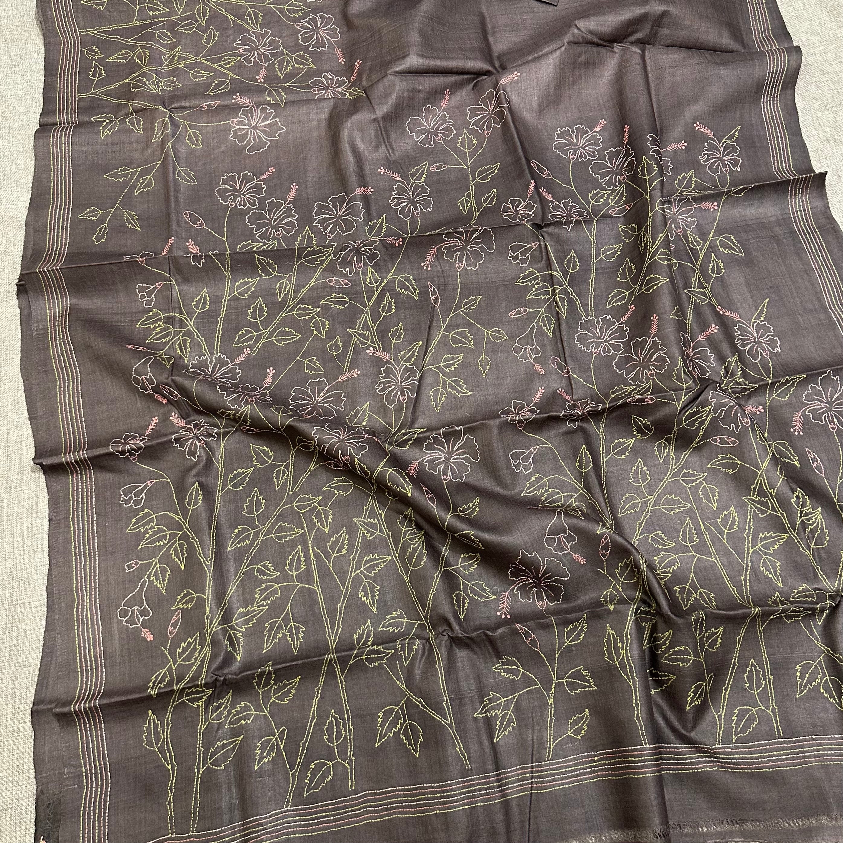 Grey Natural Dyed Handwoven Tussar with Kantha