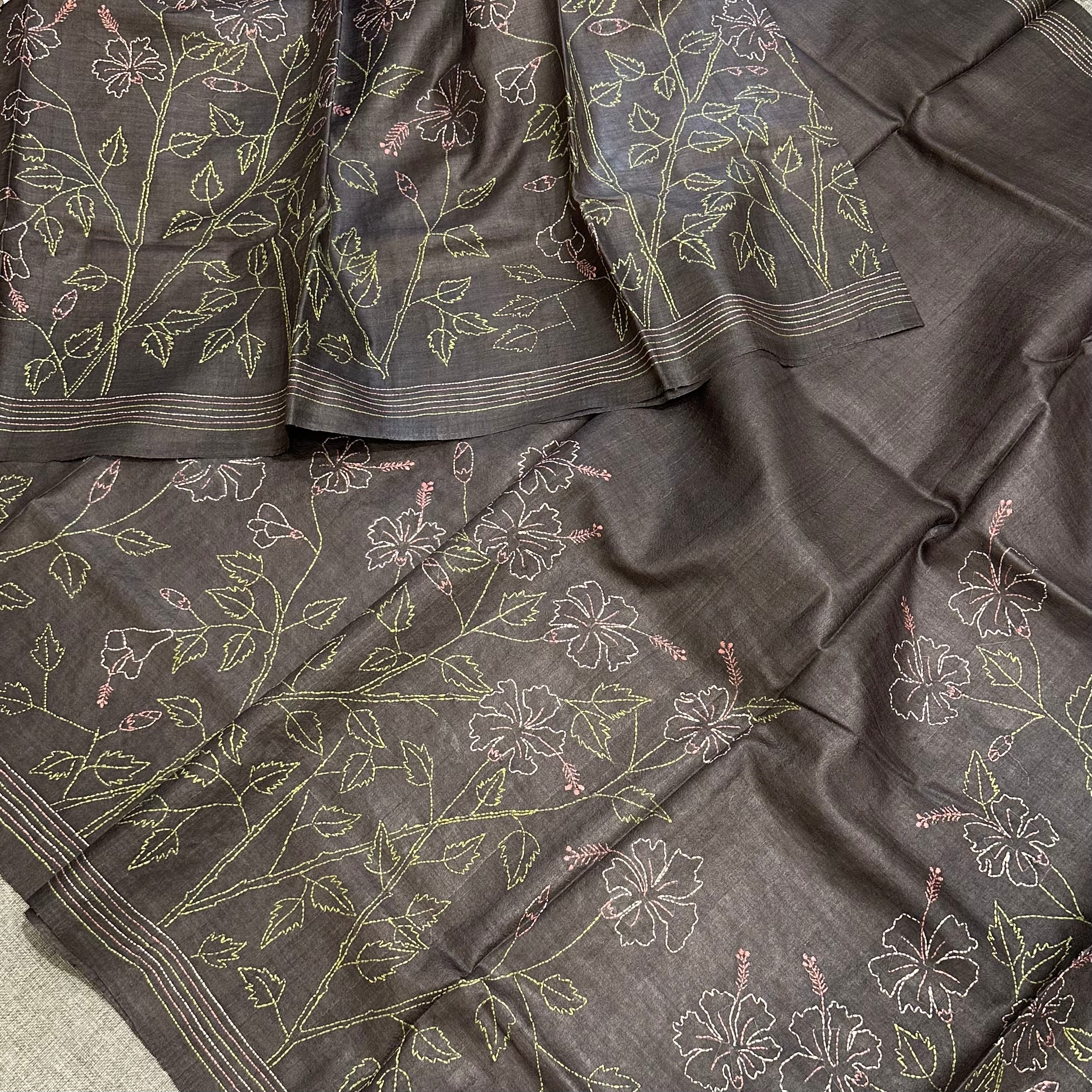 Grey Natural Dyed Handwoven Tussar with Kantha