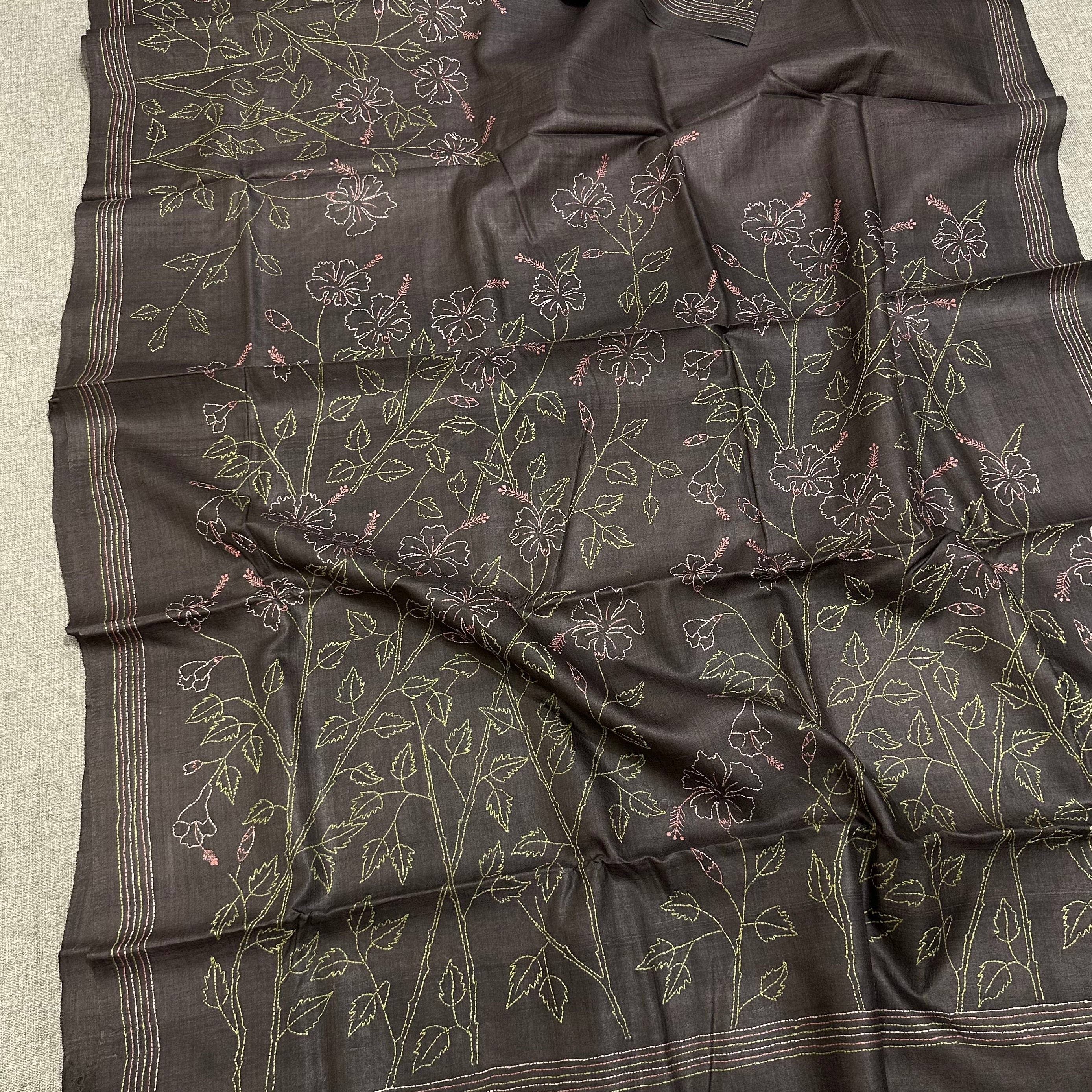 Grey Natural Dyed Handwoven Tussar with Kantha