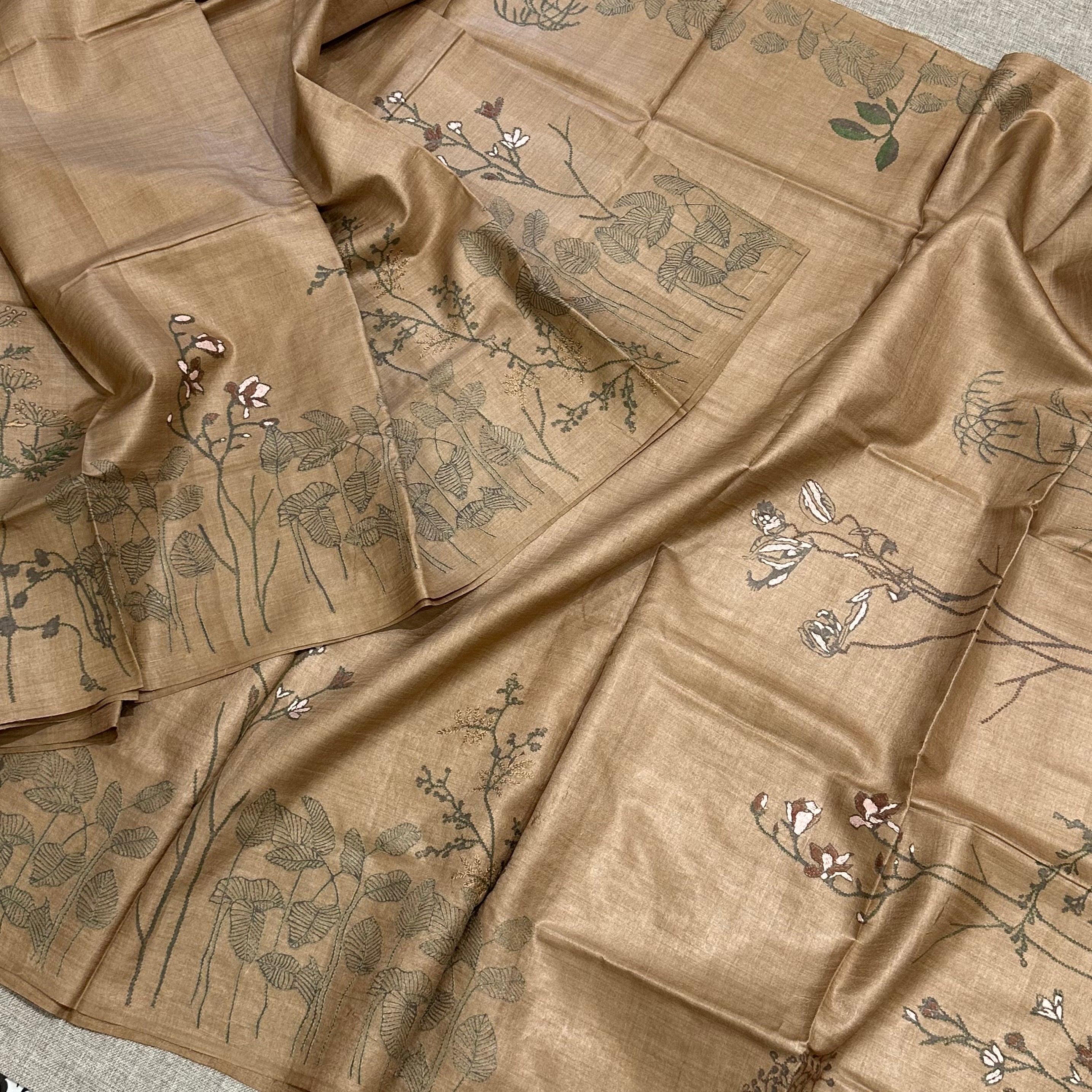Coffee Coloured Natural Dyed Handwoven Tussar with Kantha