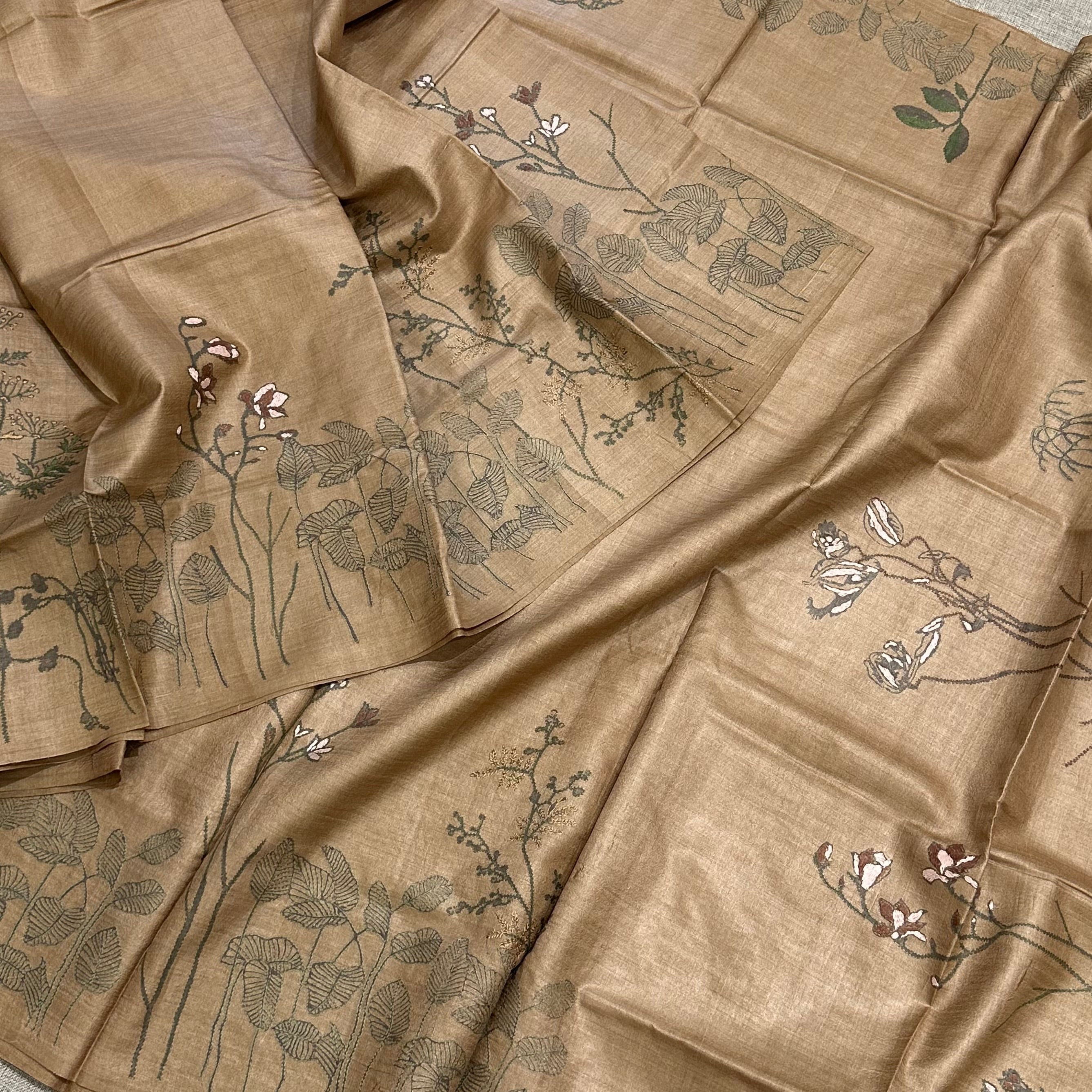 Coffee Coloured Natural Dyed Handwoven Tussar with Kantha