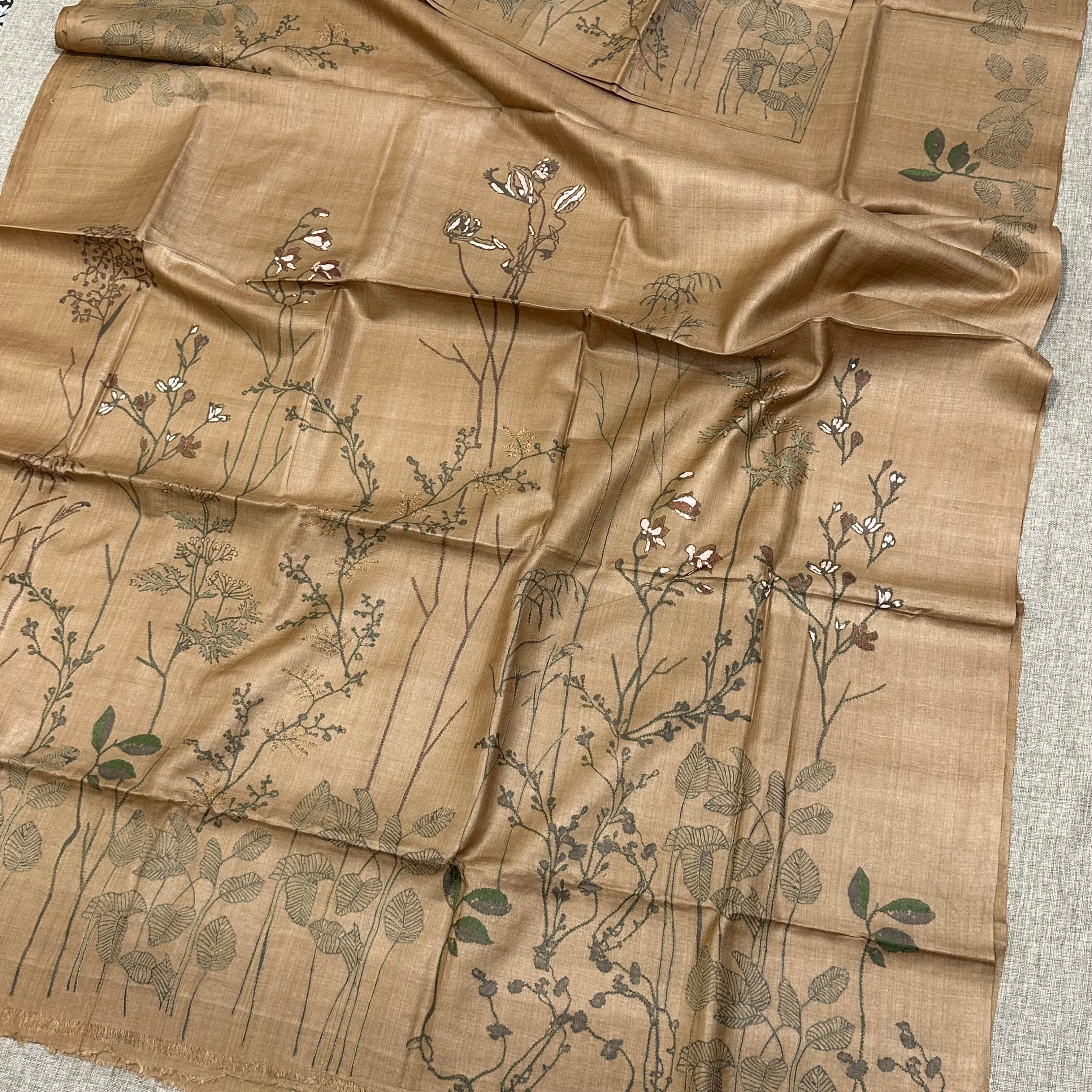 Coffee Coloured Natural Dyed Handwoven Tussar with Kantha