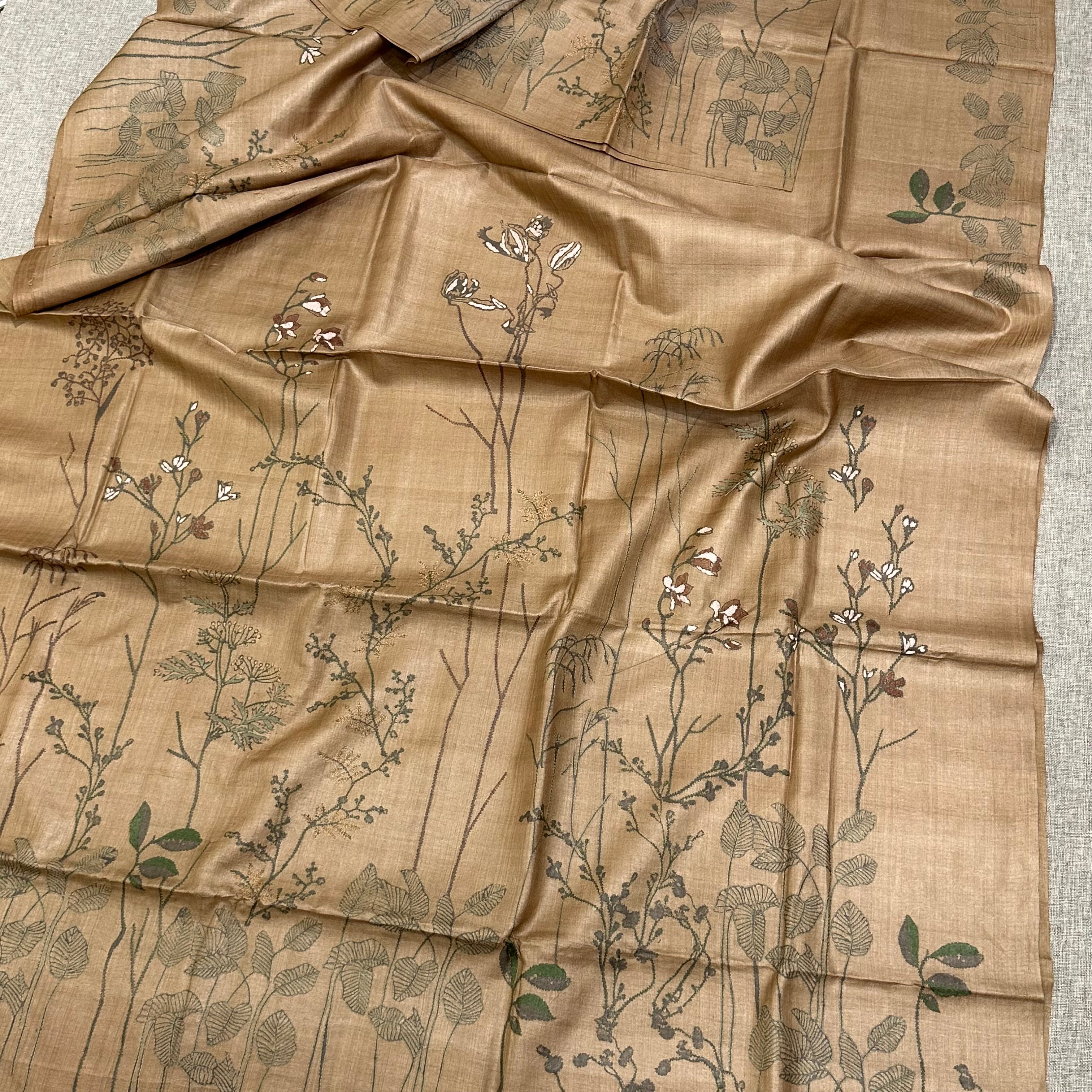 Coffee Coloured Natural Dyed Handwoven Tussar with Kantha