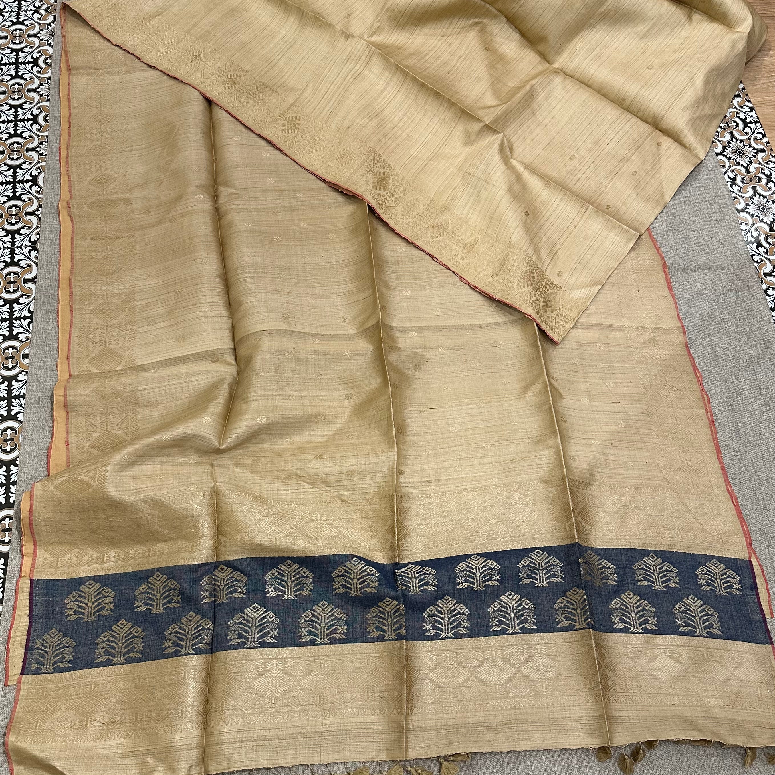 Handwoven Pure Muga Saree with Indigo Palla