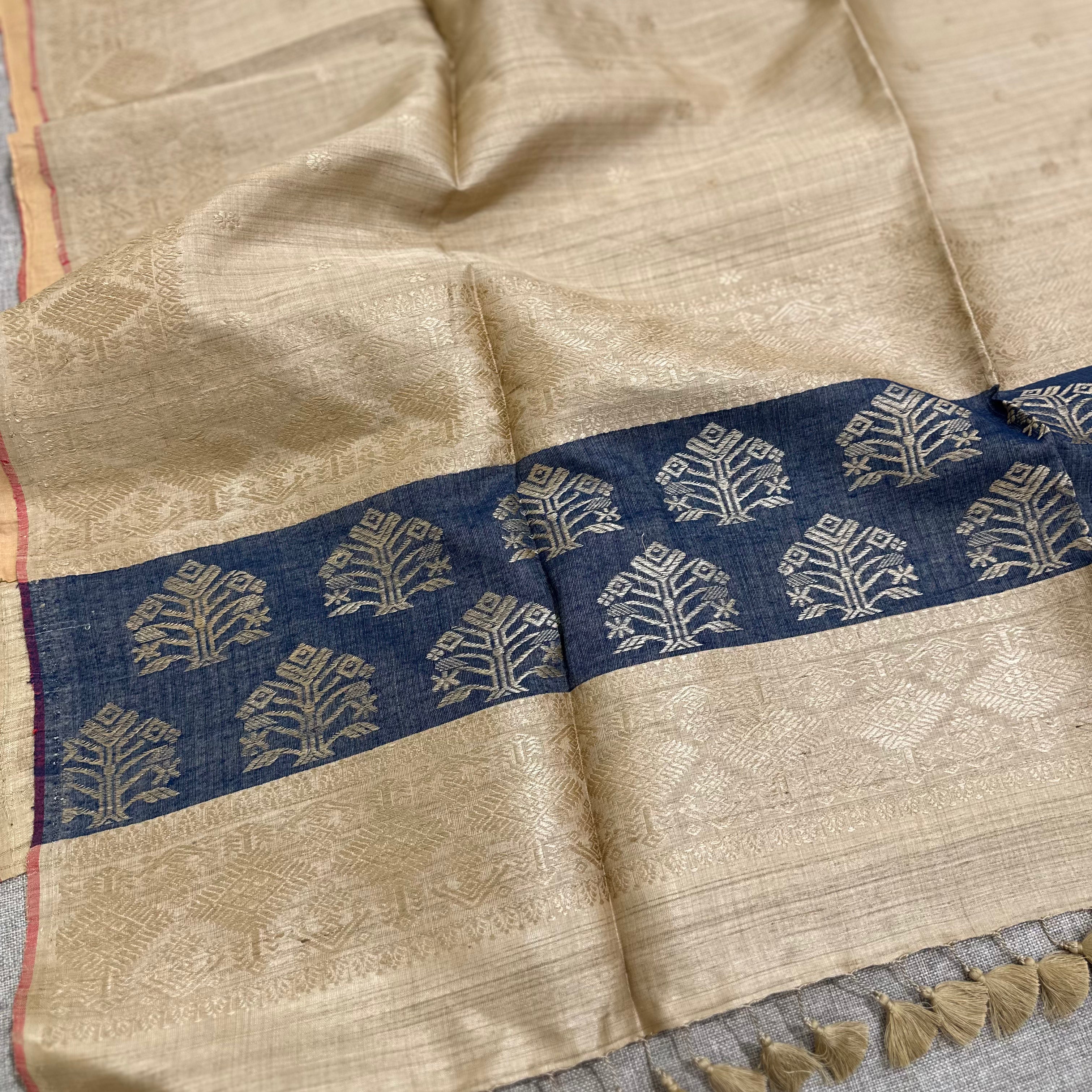 Handwoven Pure Muga Saree with Indigo Palla