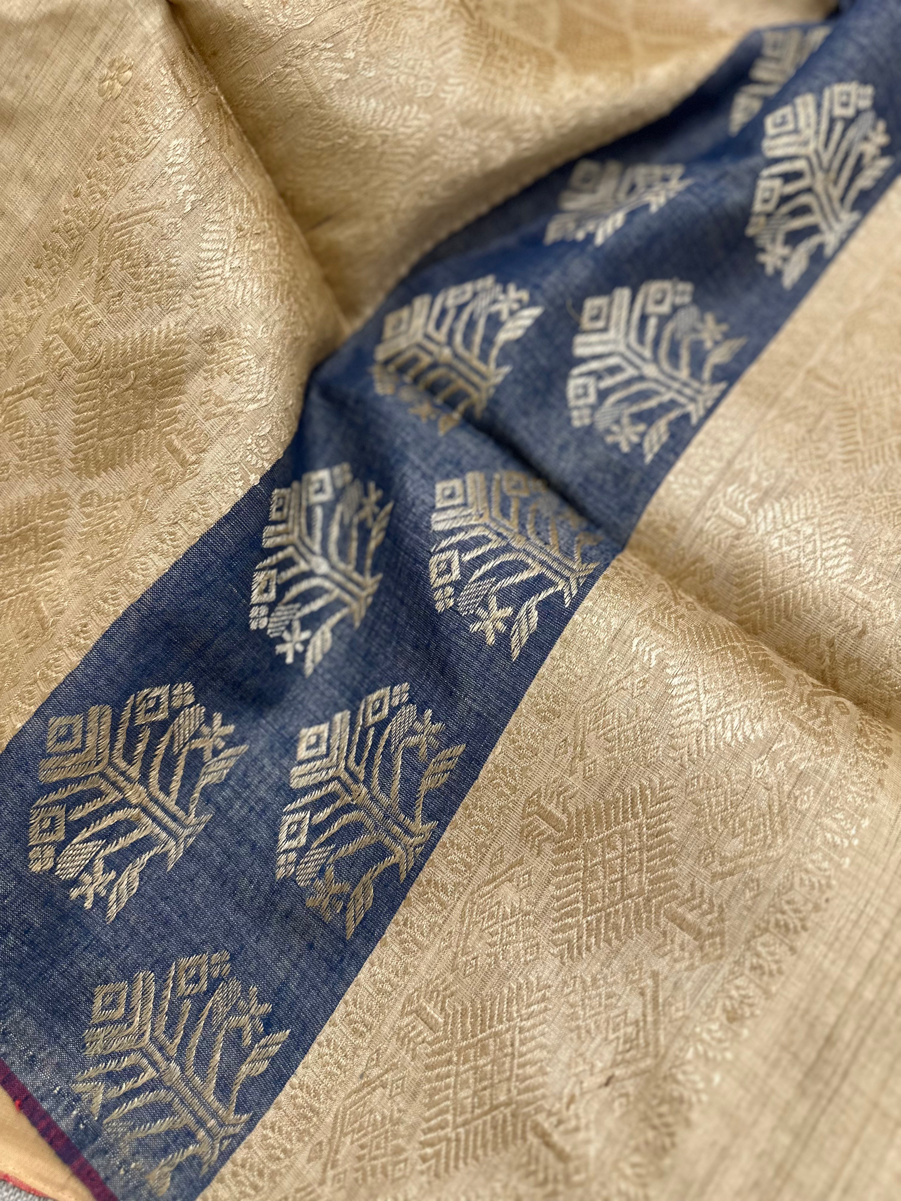 Handwoven Pure Muga Saree with Indigo Palla