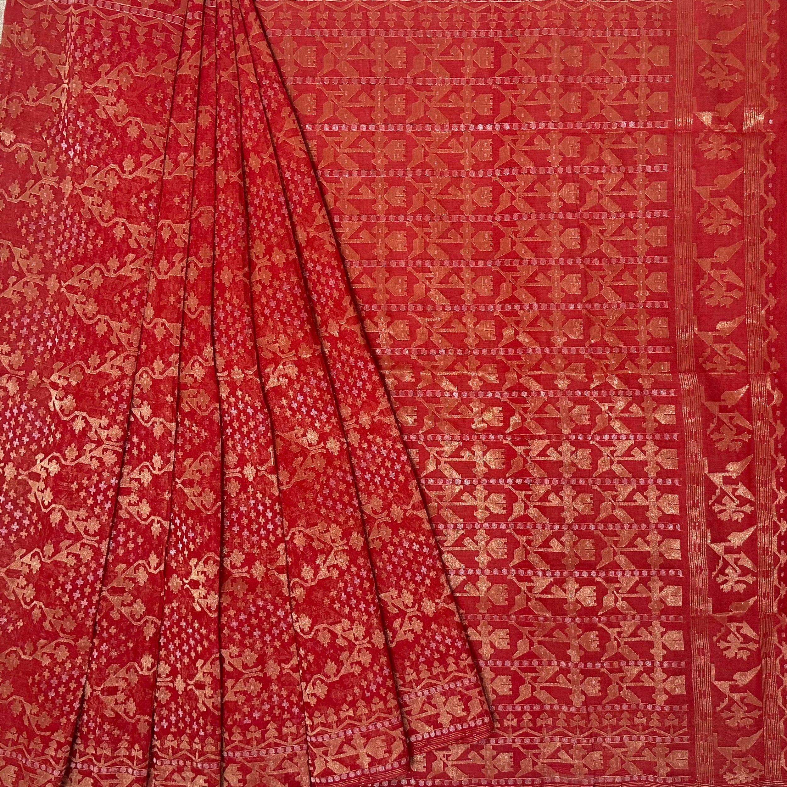 Reddish Orange Dhakai Jamdani with Zari