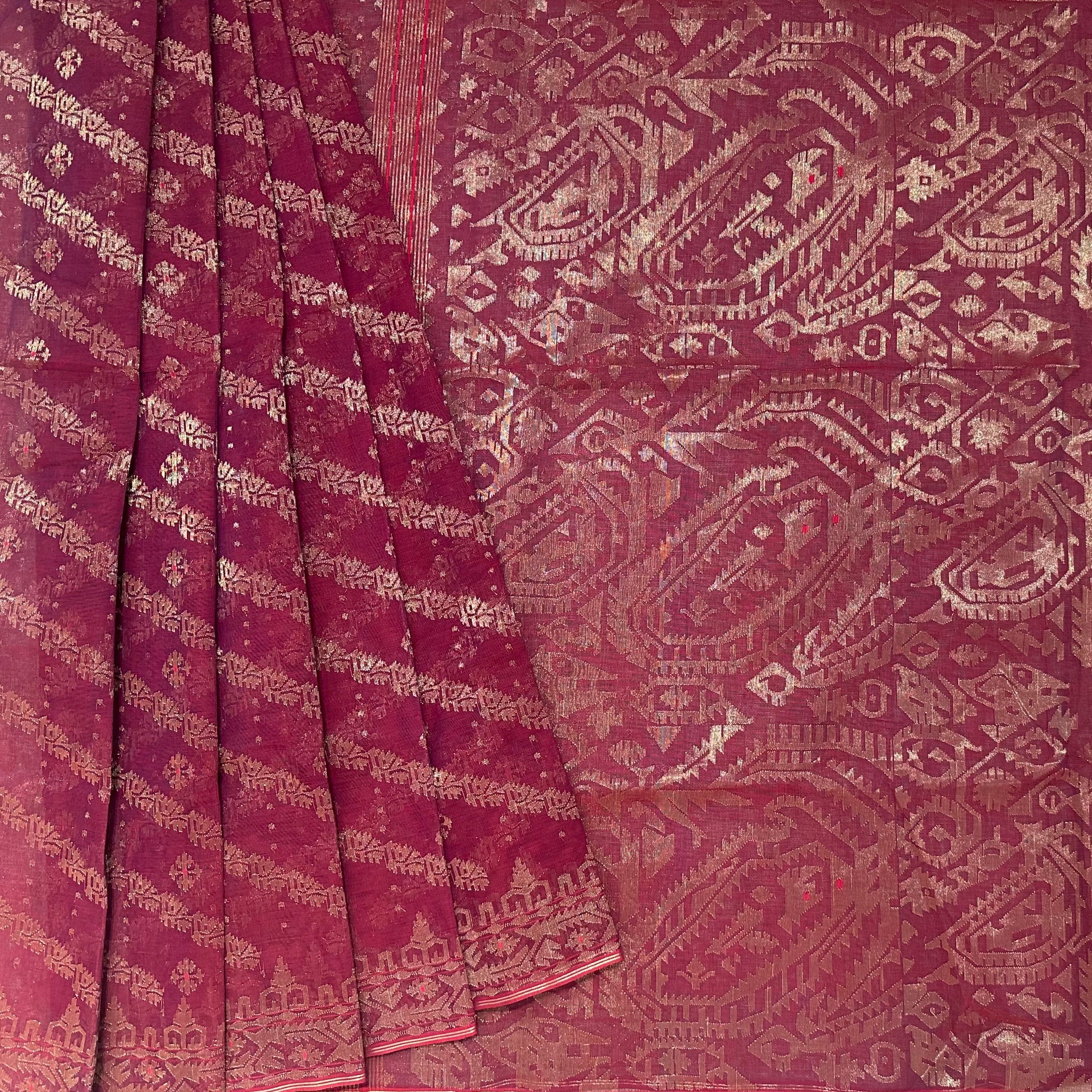 Red shot colour with Golden zari Dhakai Jamdani