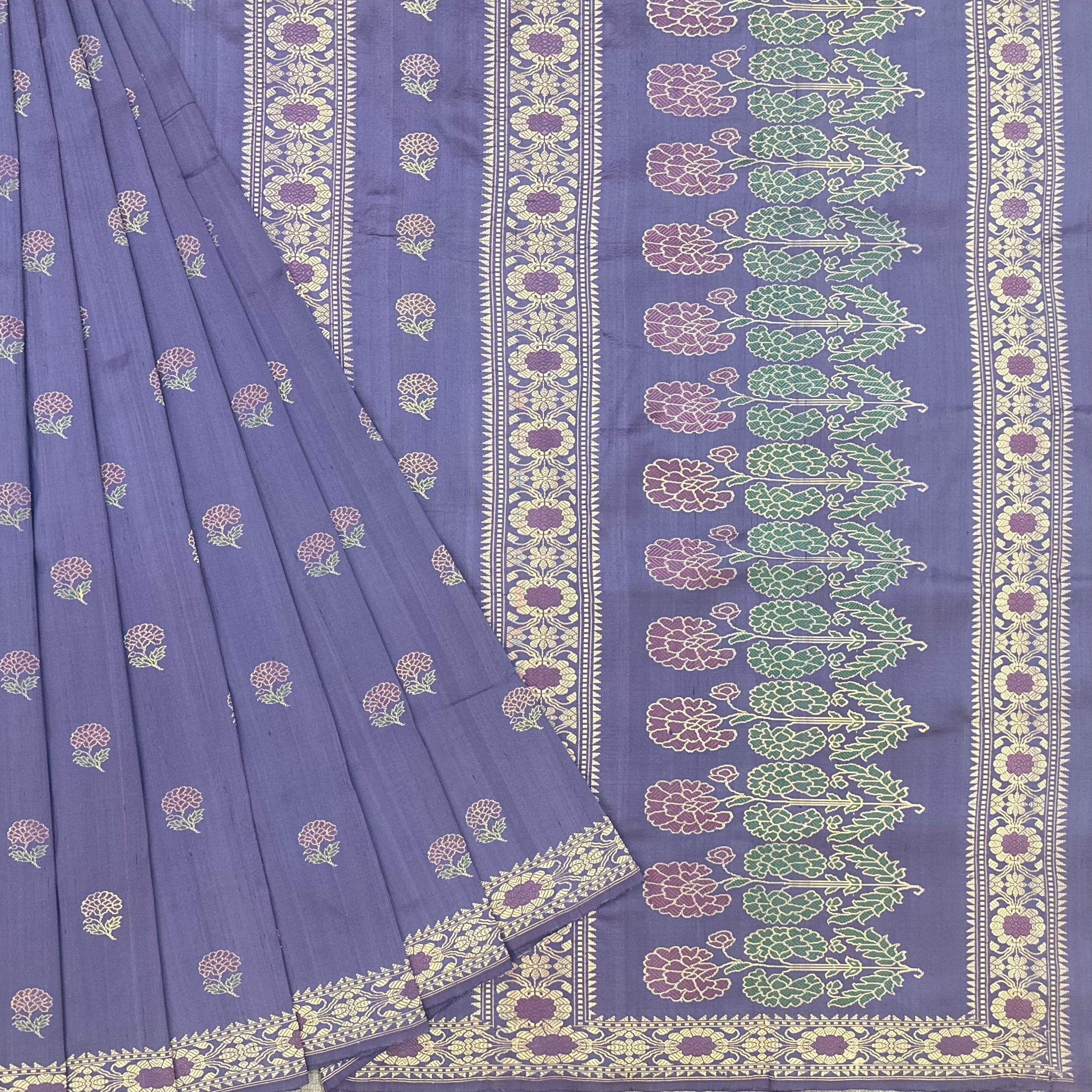 Purple Shot Color Marigold Baluchari Saree