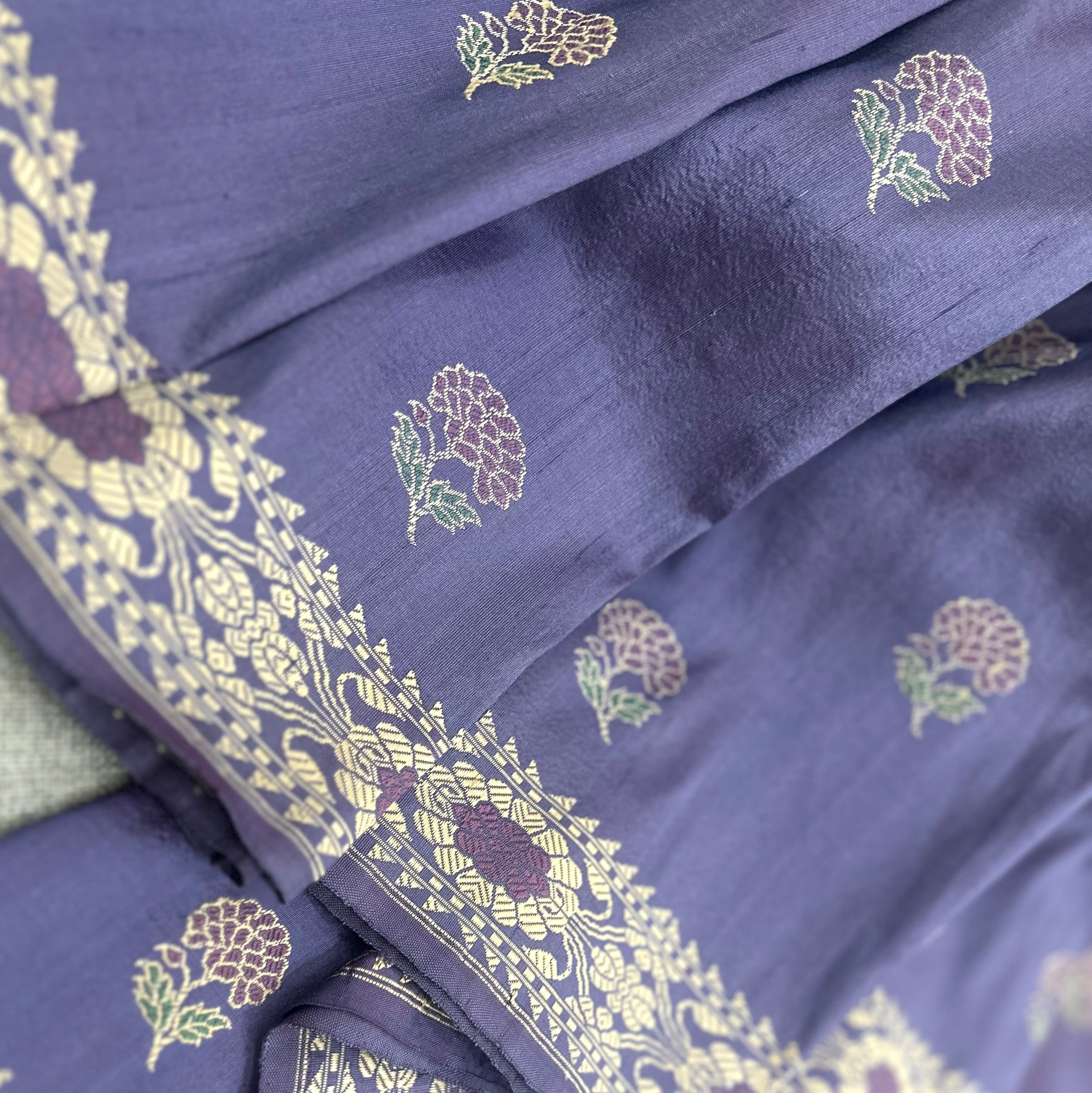 Purple Shot Color Marigold Baluchari Saree