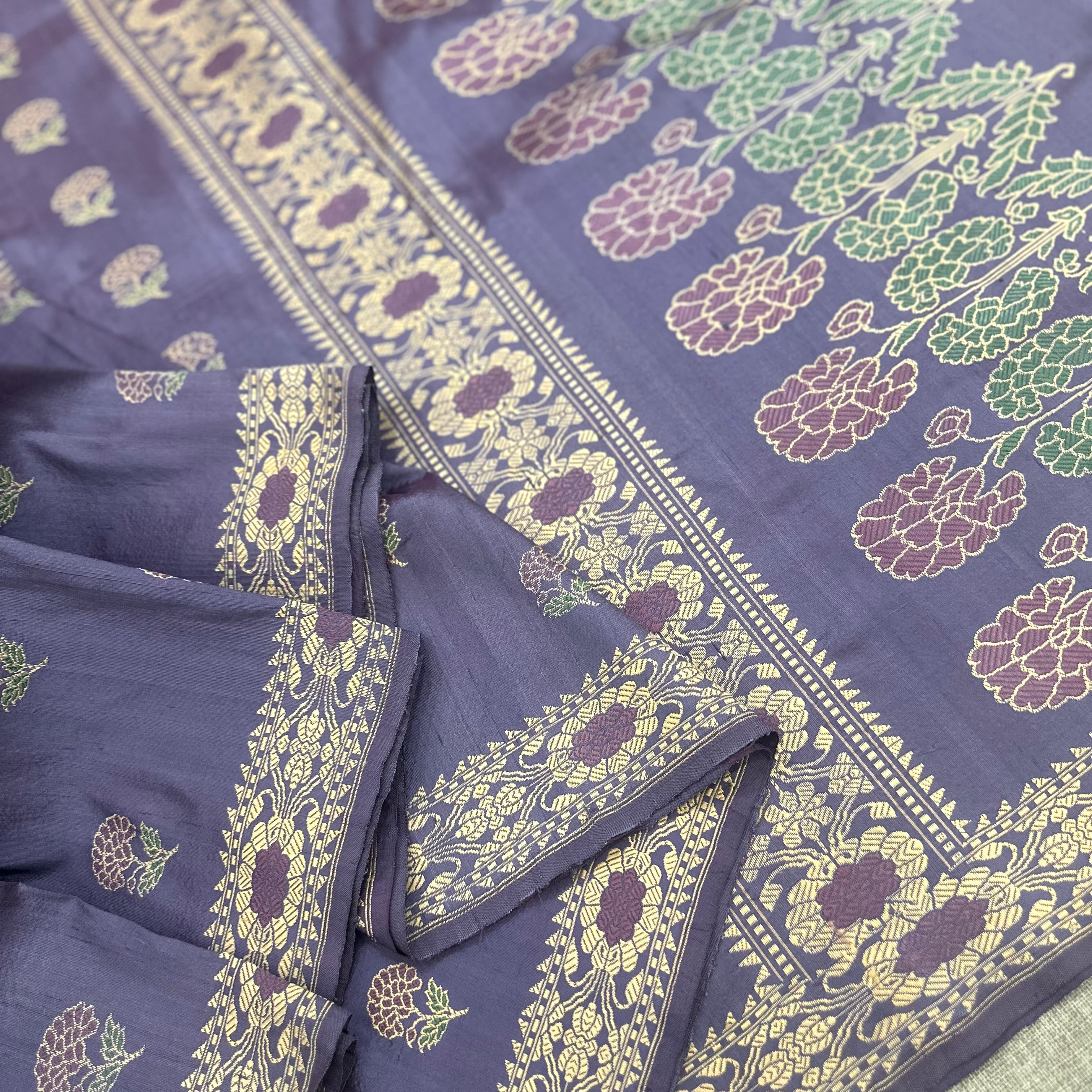 Purple Shot Color Marigold Baluchari Saree
