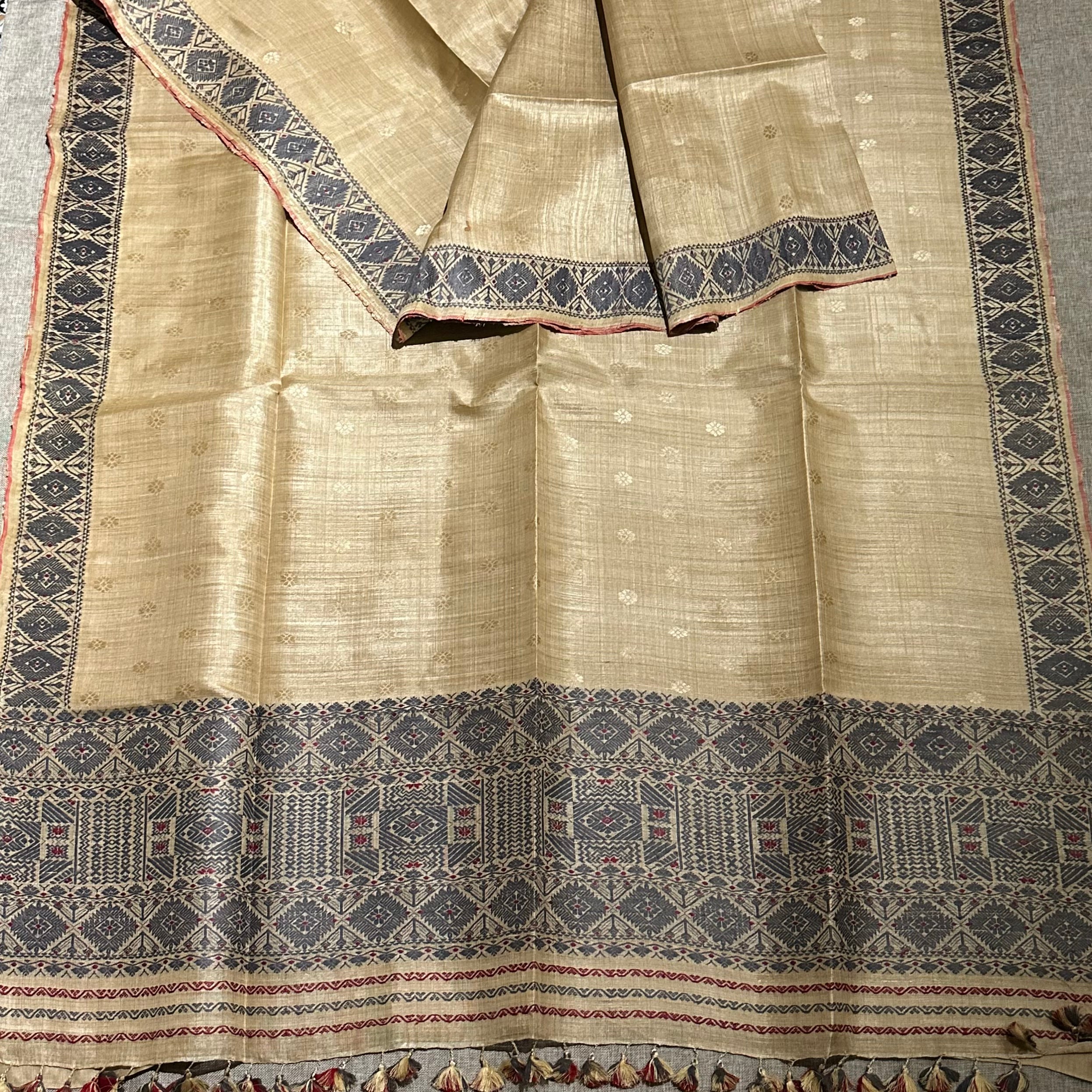 Handwoven Pure Muga Saree with Indigo Extra Weft