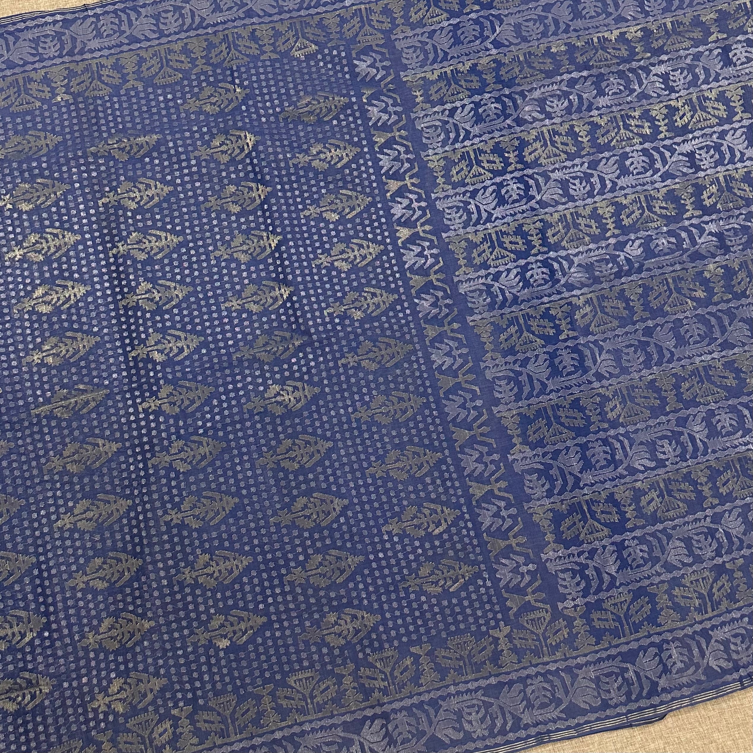 Blue with Golden and Silver zari Dhakai Jamdani