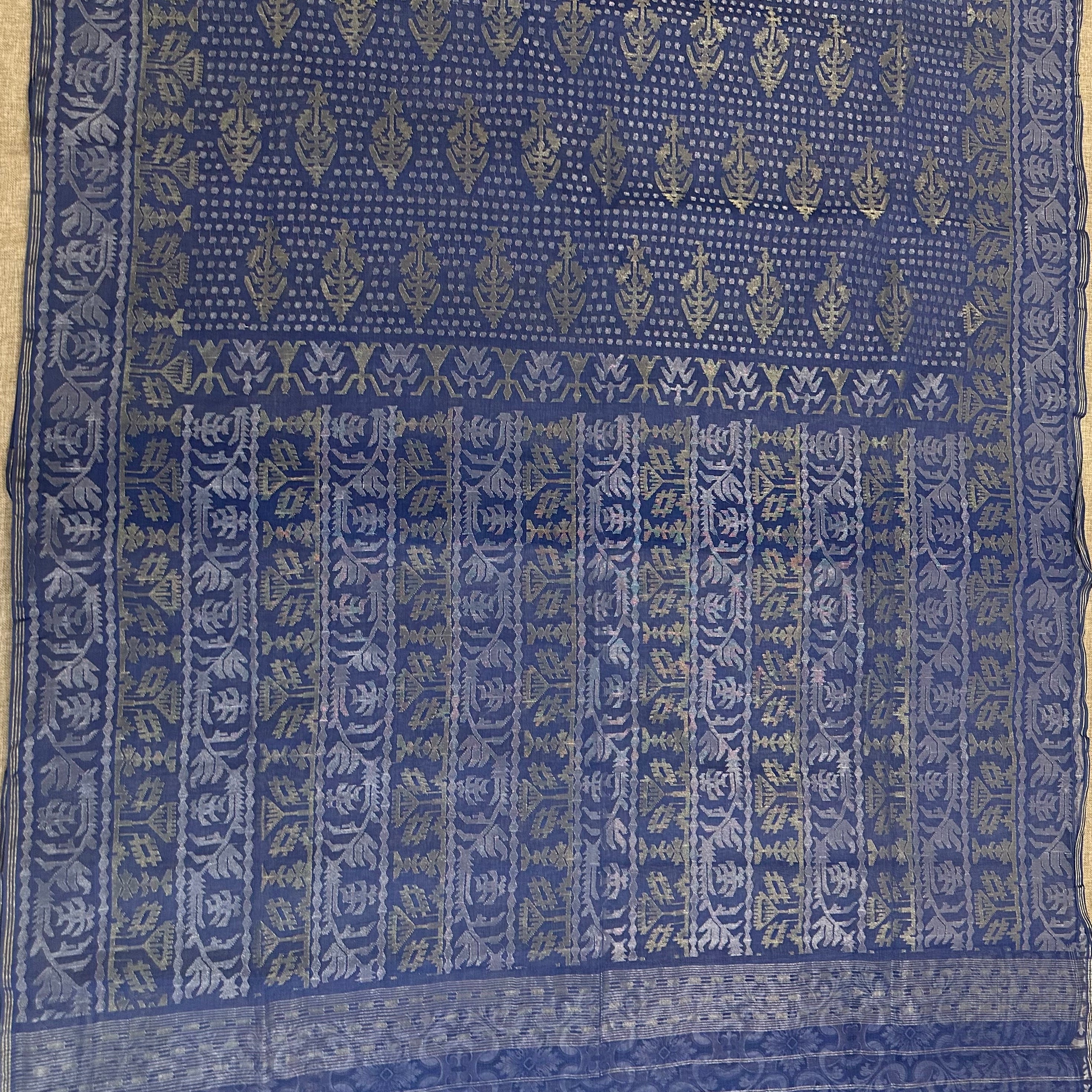 Blue with Golden and Silver zari Dhakai Jamdani