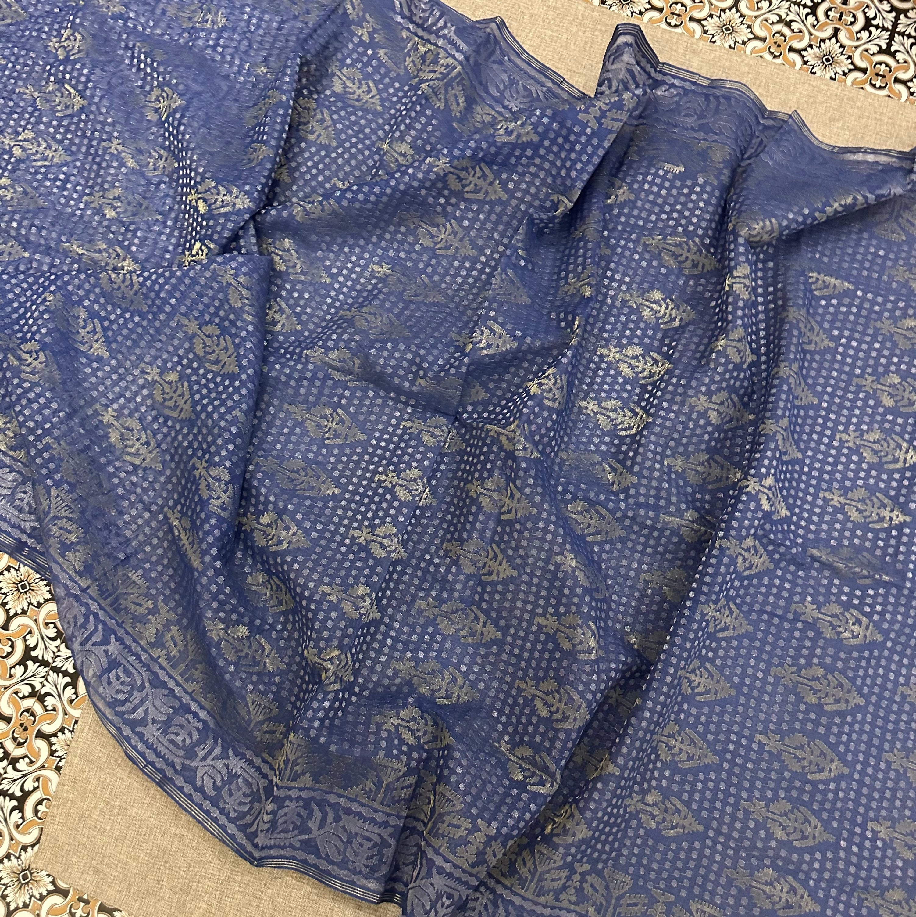 Blue with Golden and Silver zari Dhakai Jamdani
