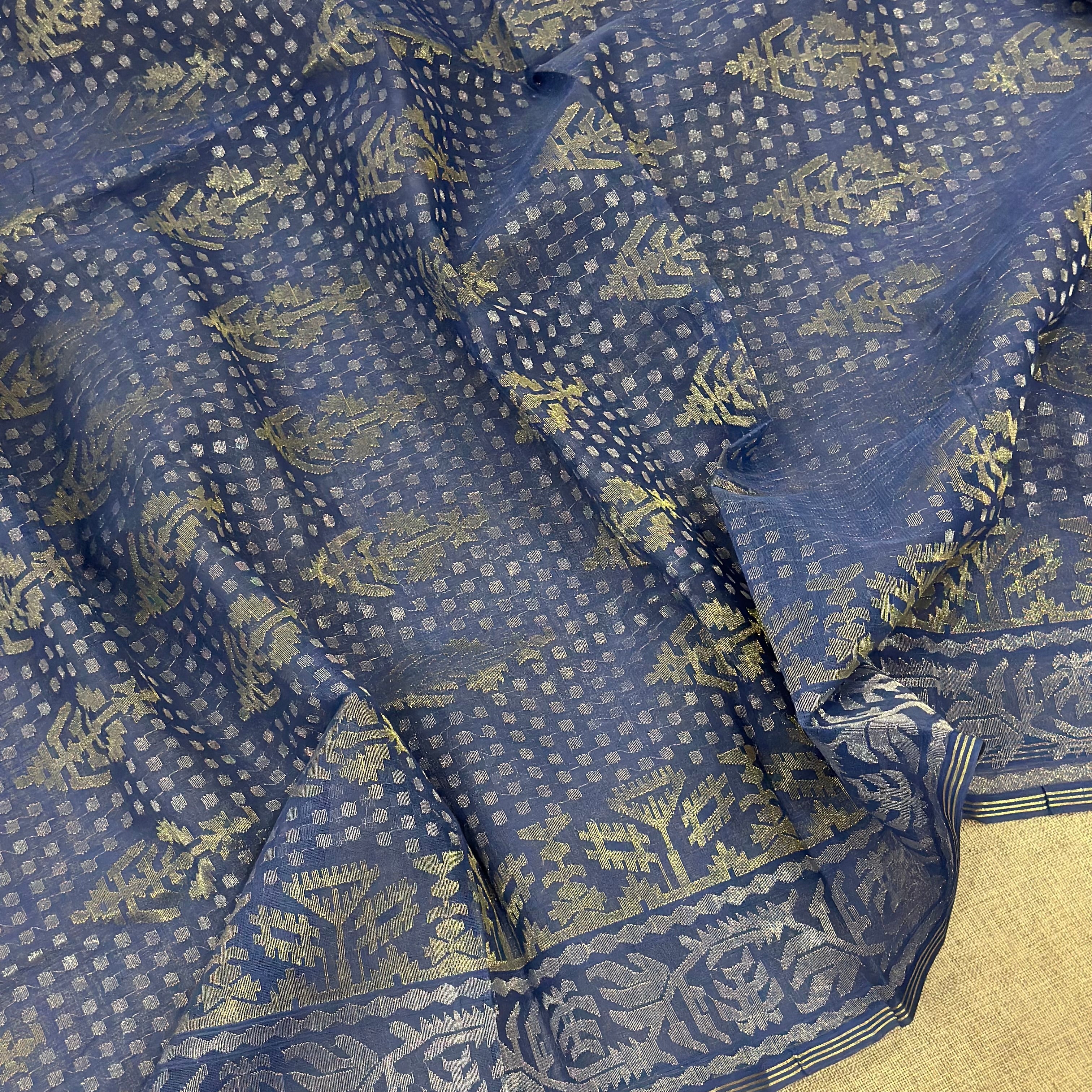 Blue with Golden and Silver zari Dhakai Jamdani