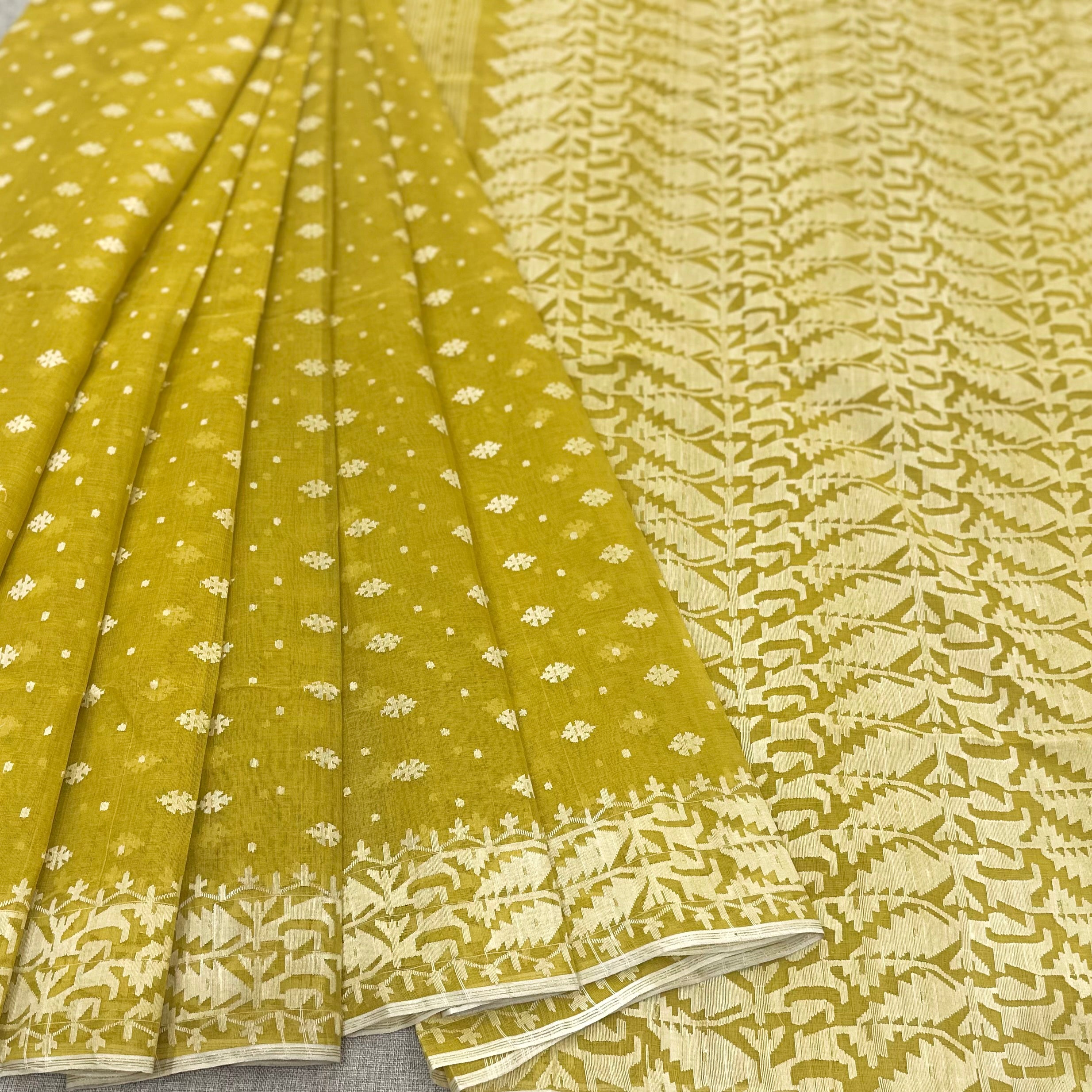 Yellow and white Dhakai Jamdani