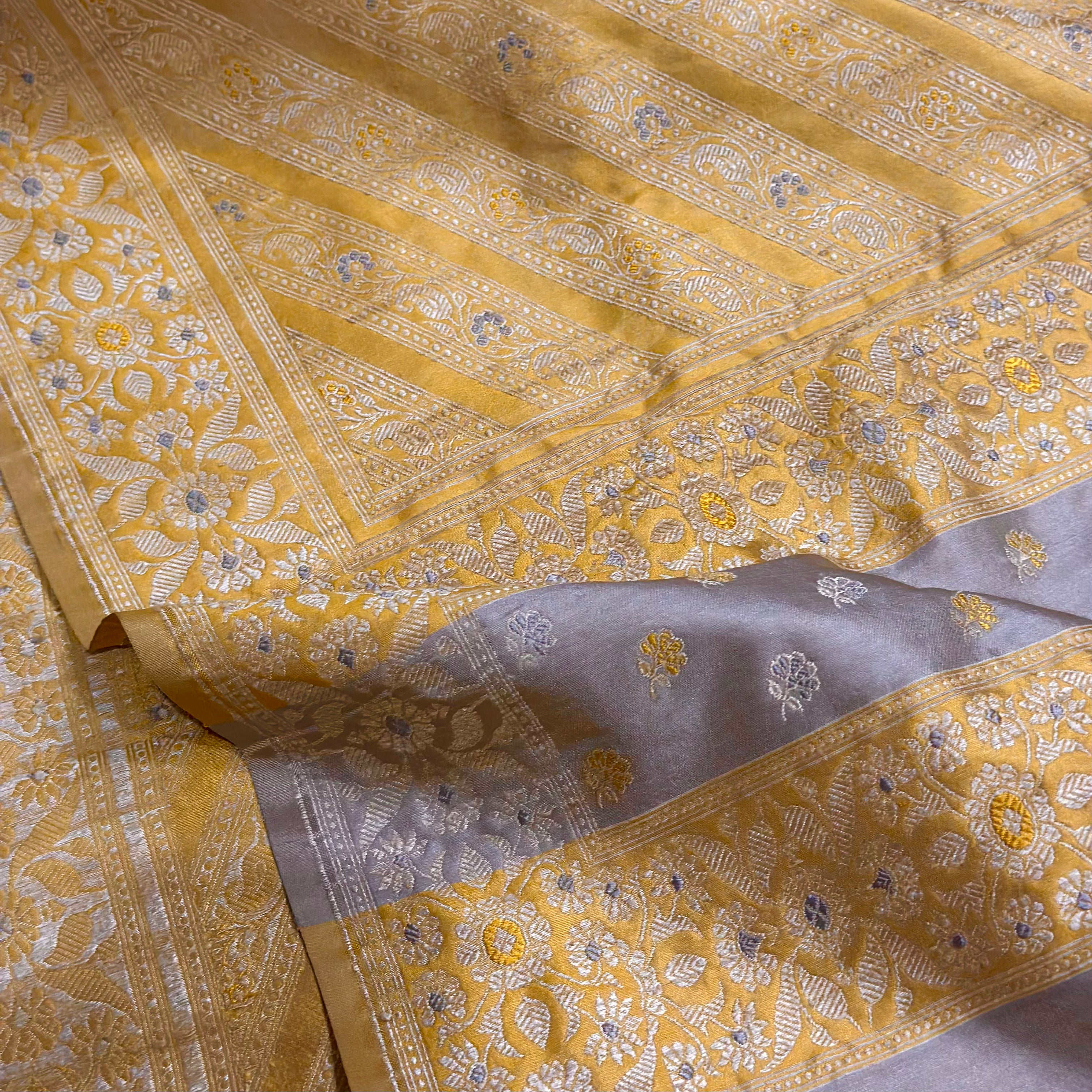 Mustard Ada Baluchari with Grey Minakari