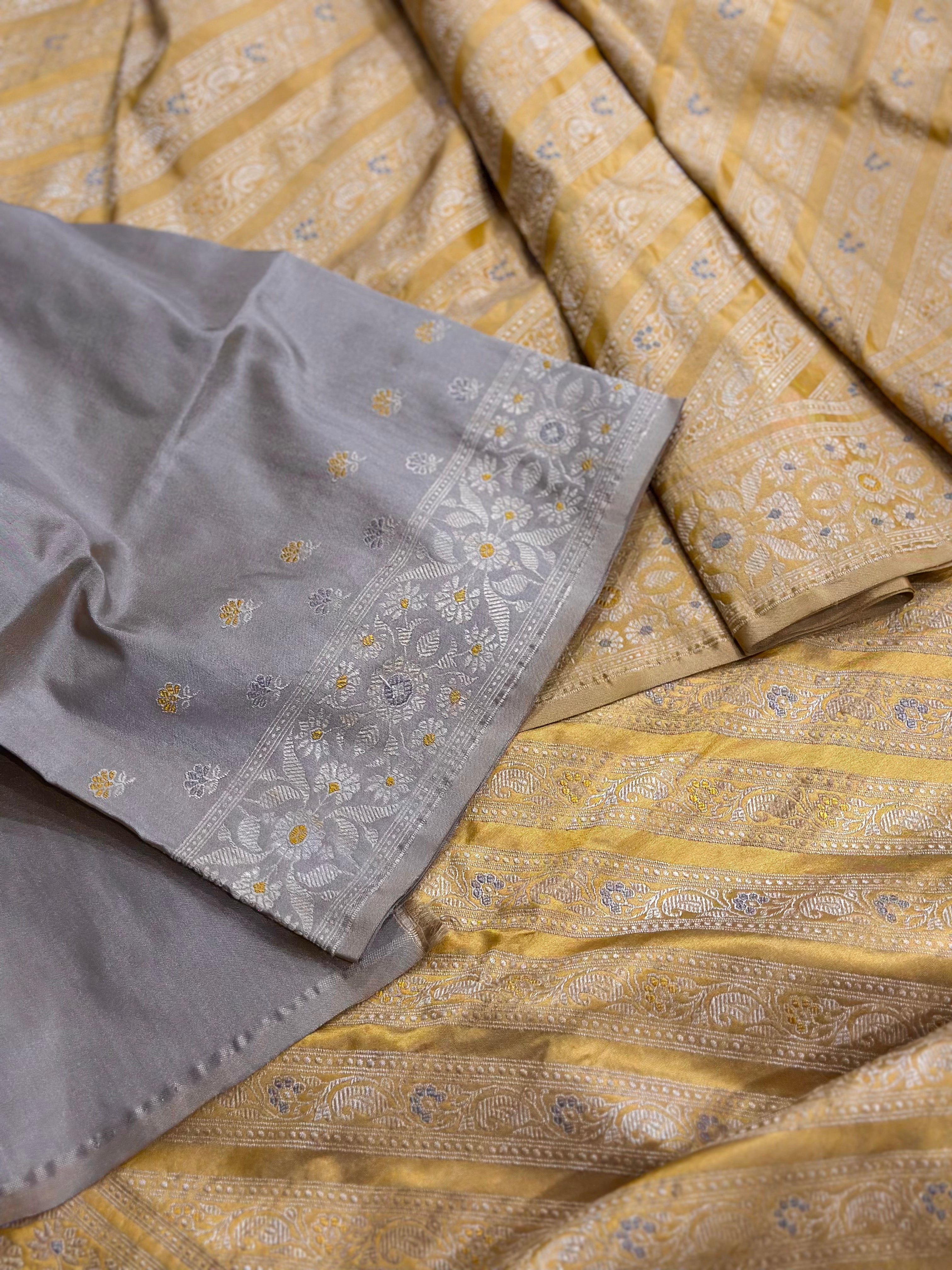 Mustard Ada Baluchari with Grey Minakari