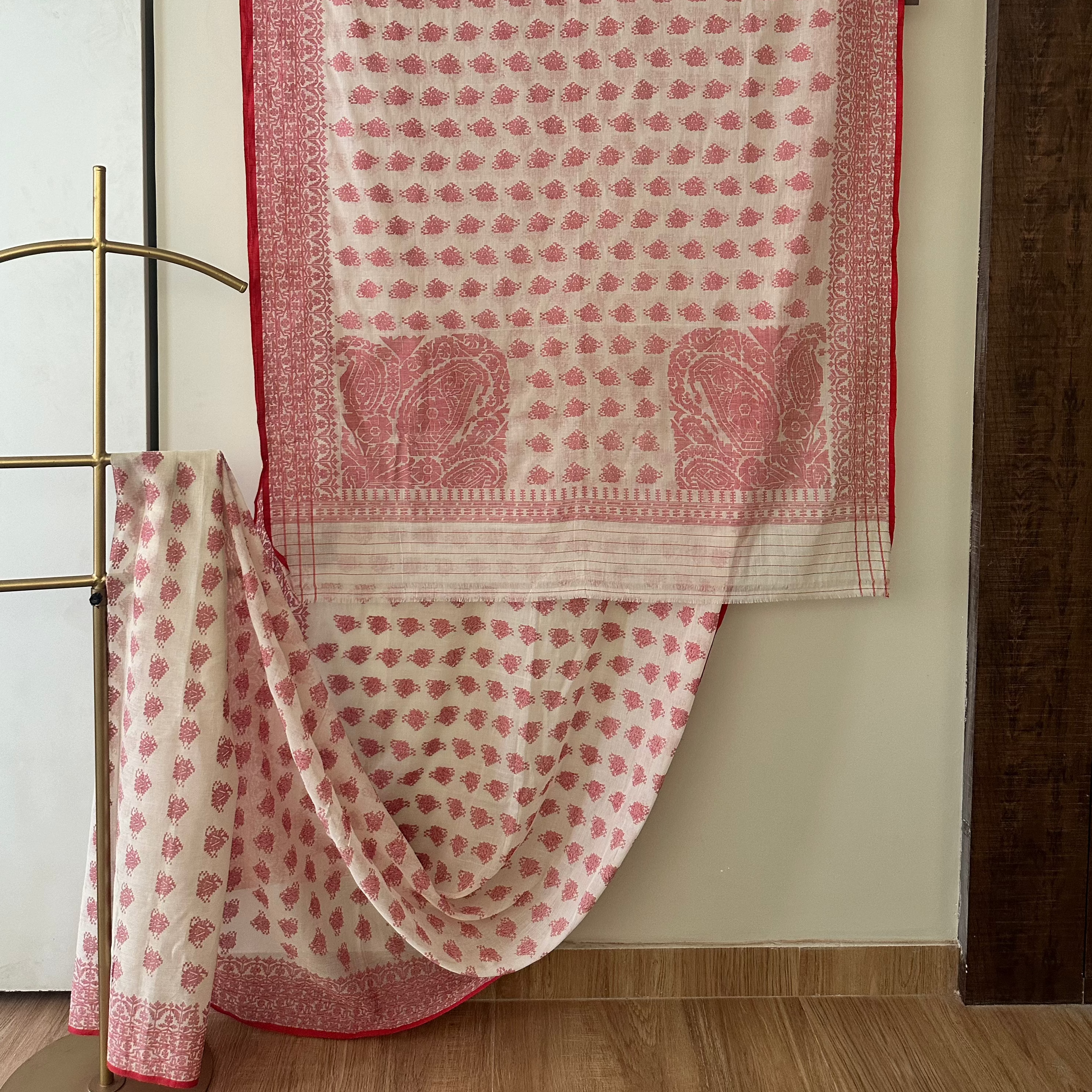 White and Red Dhakai Jamdani