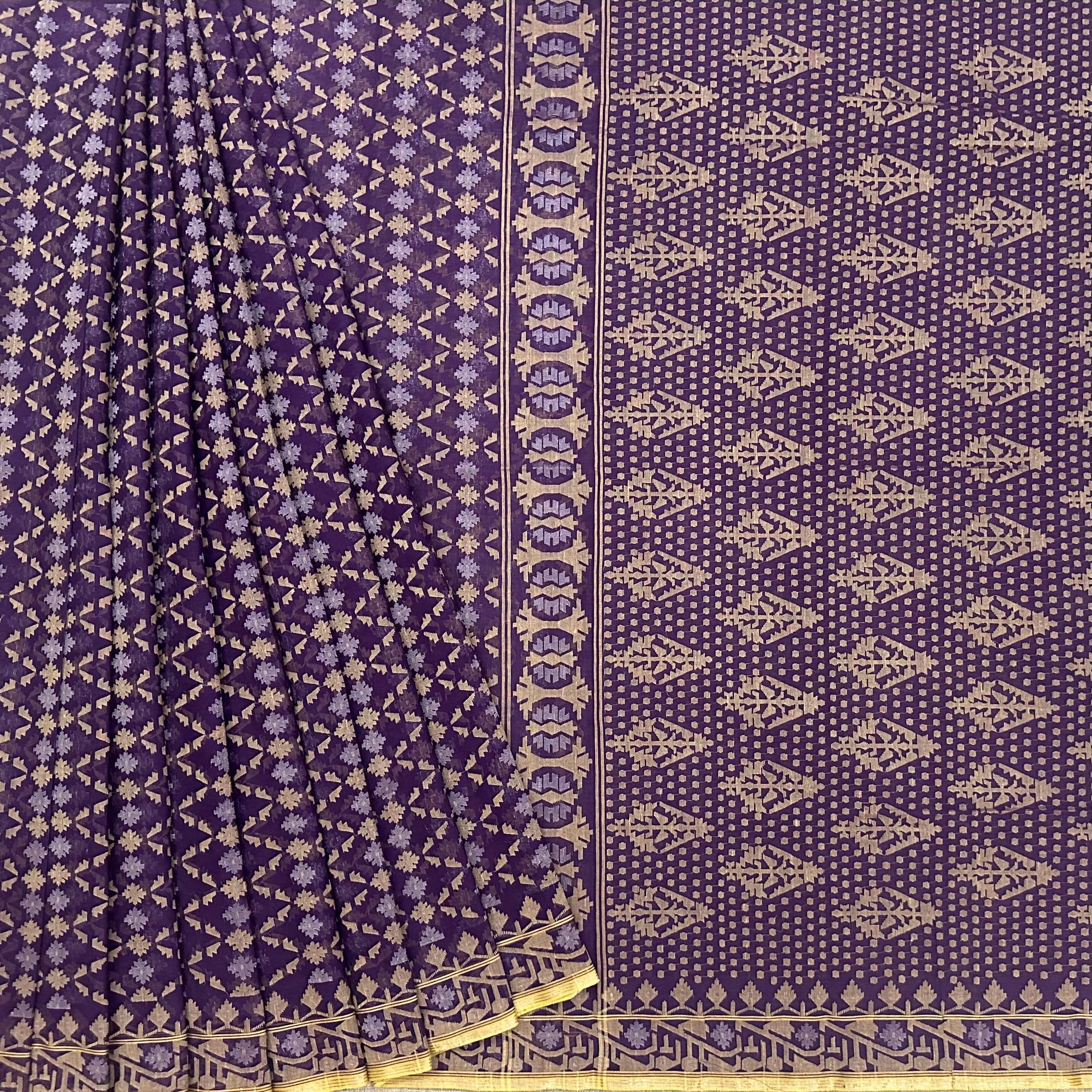 Purple and Beige Jaal Dhakai Jamdani Saree