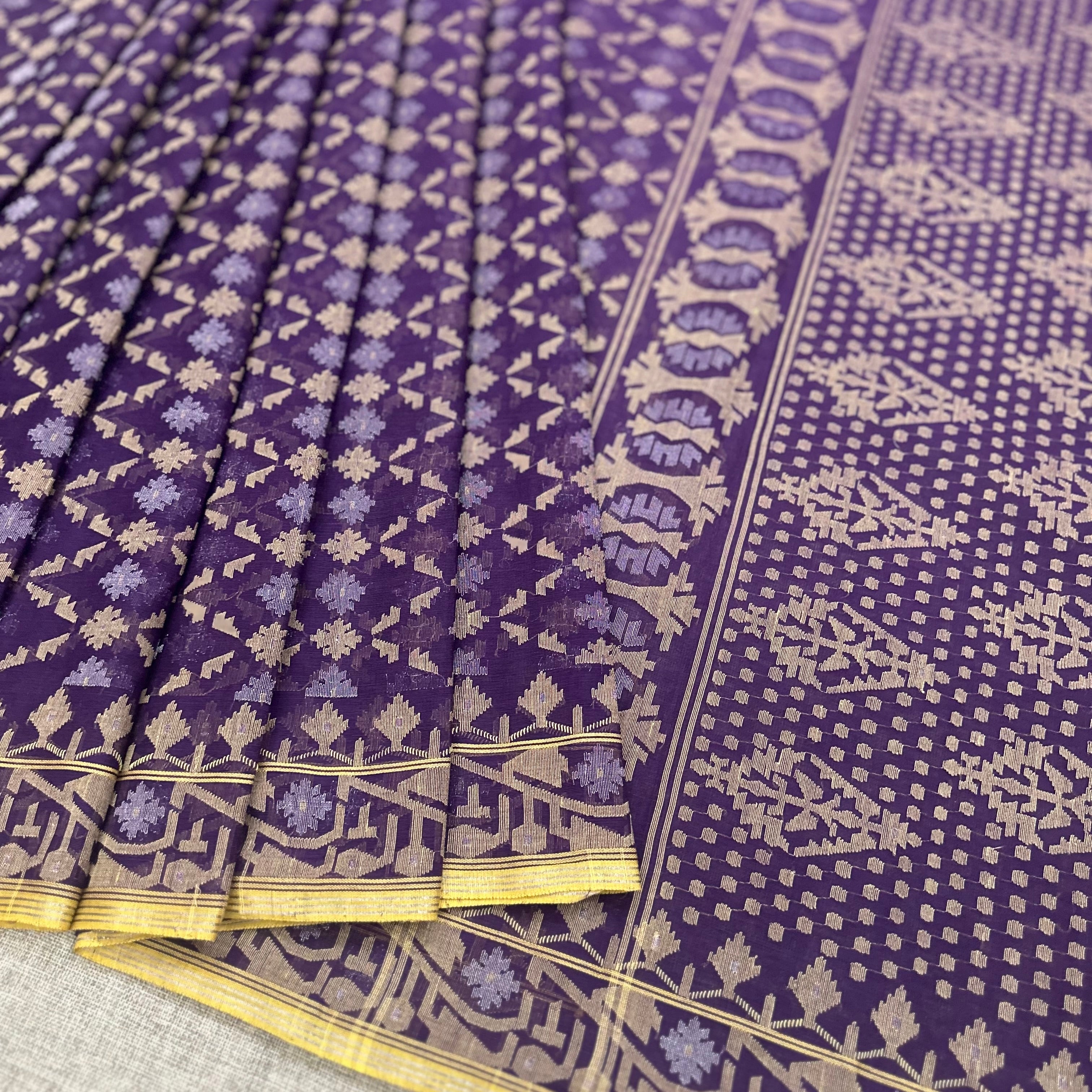Purple and Beige Jaal Dhakai Jamdani Saree
