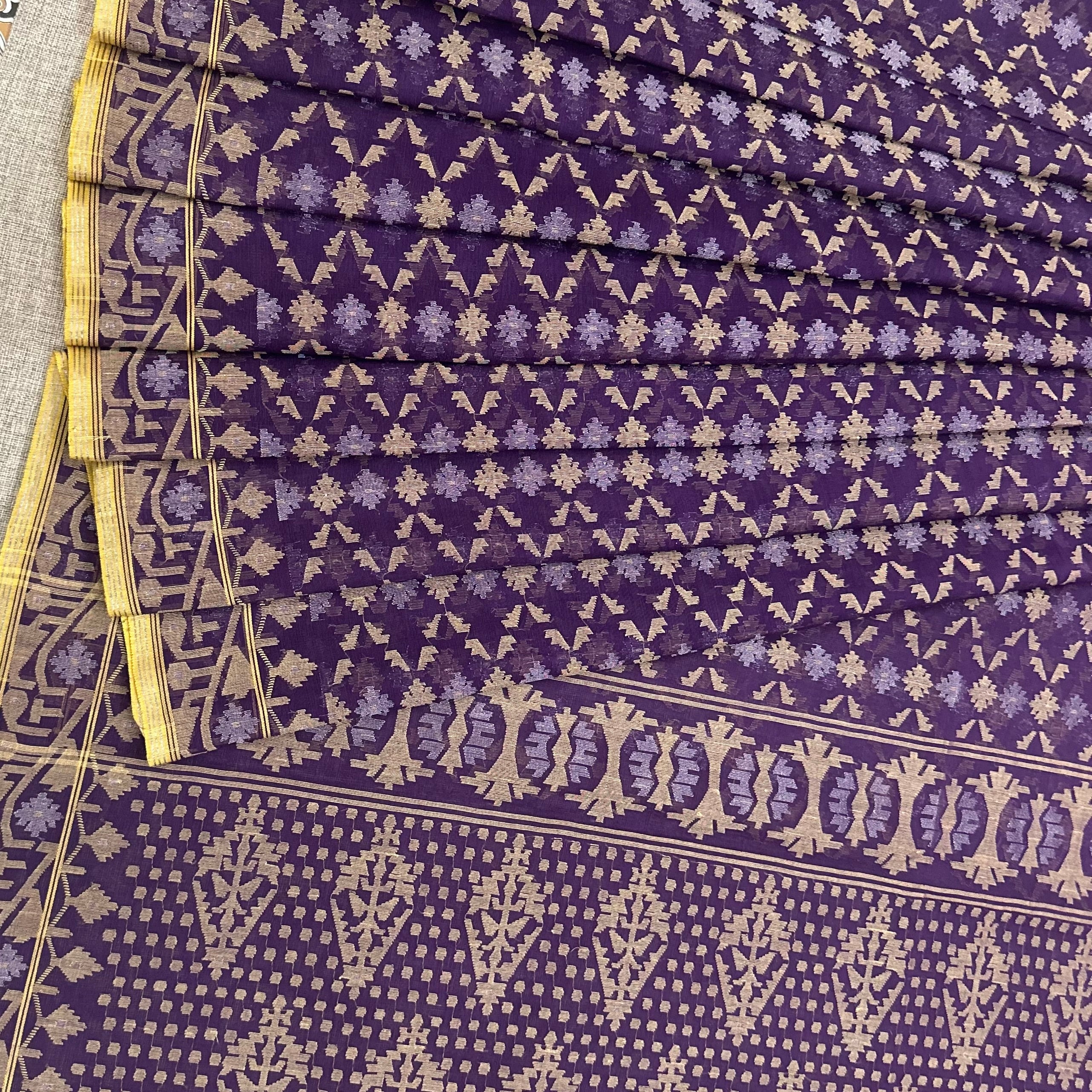 Purple and Beige Jaal Dhakai Jamdani Saree