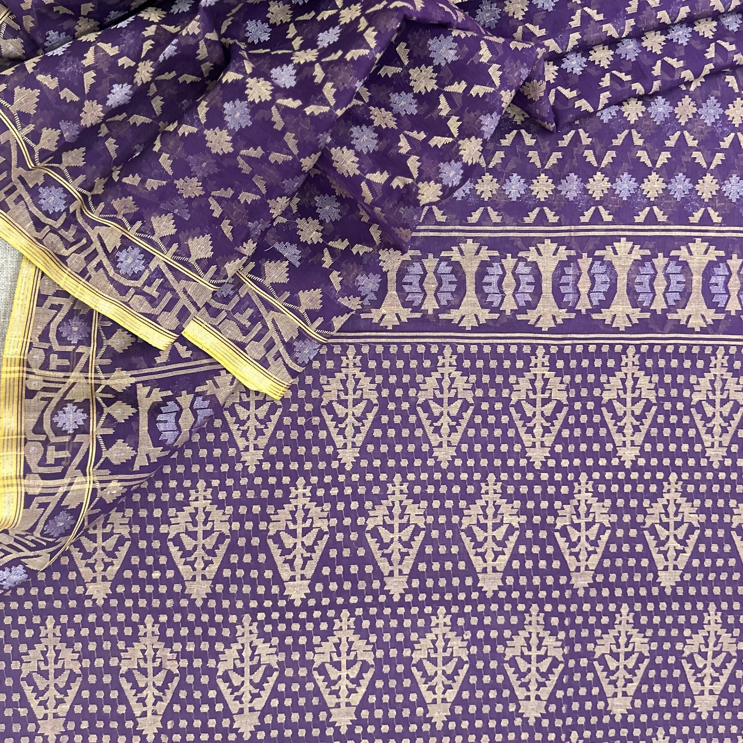 Purple and Beige Jaal Dhakai Jamdani Saree