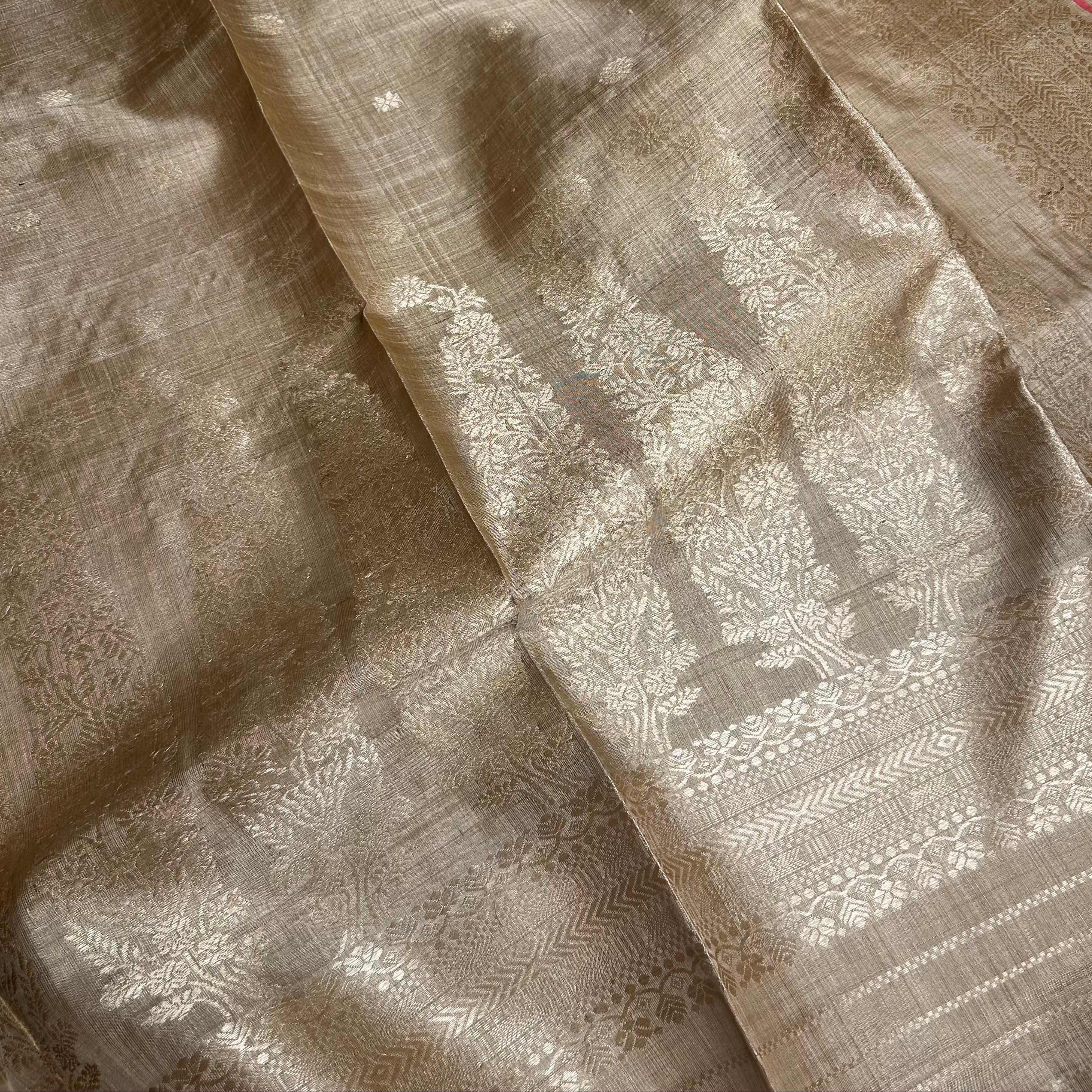 Pure Muga Saree with Muga Paisleys in the Palla and Red Selvedge