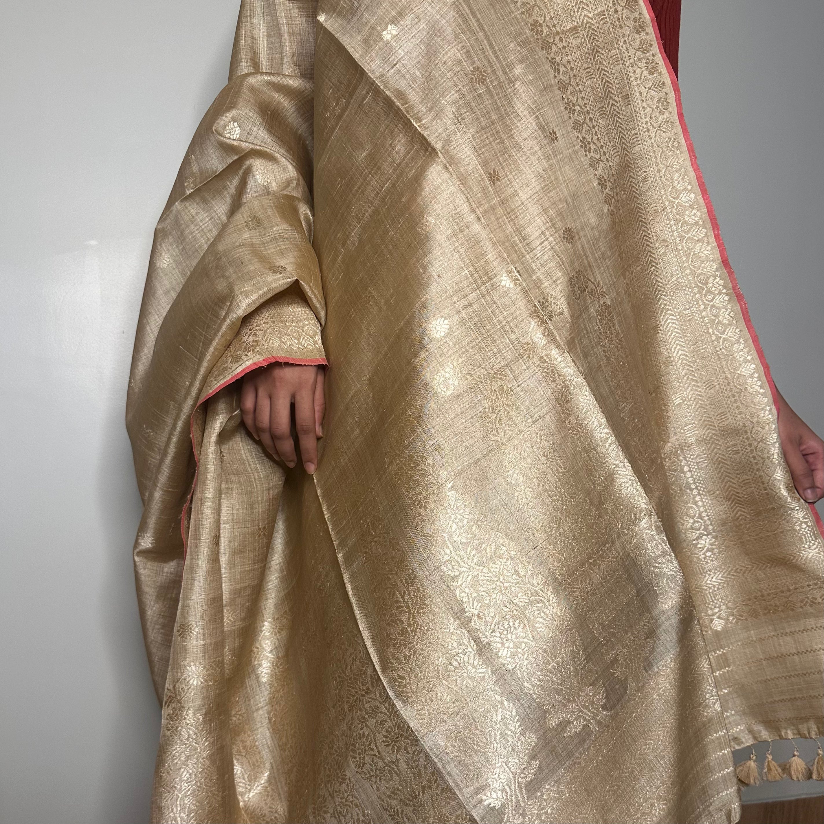 Pure Muga Saree with Muga Paisleys in the Palla and Red Selvedge