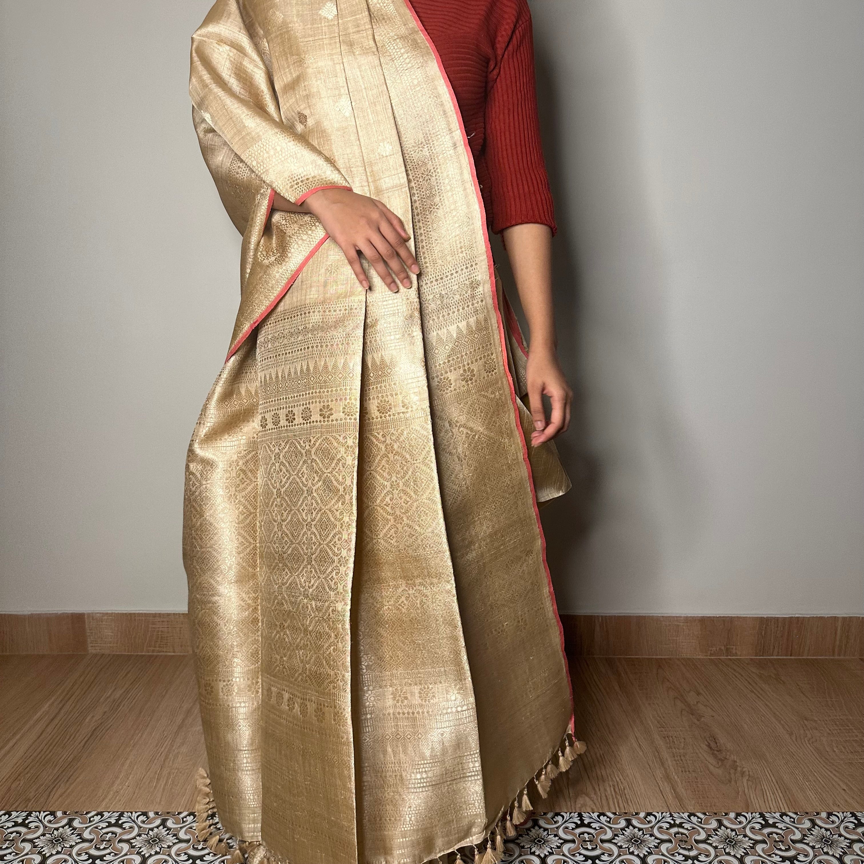 Heirloom Pure Assamese Muga Saree with Muga Extra Weft