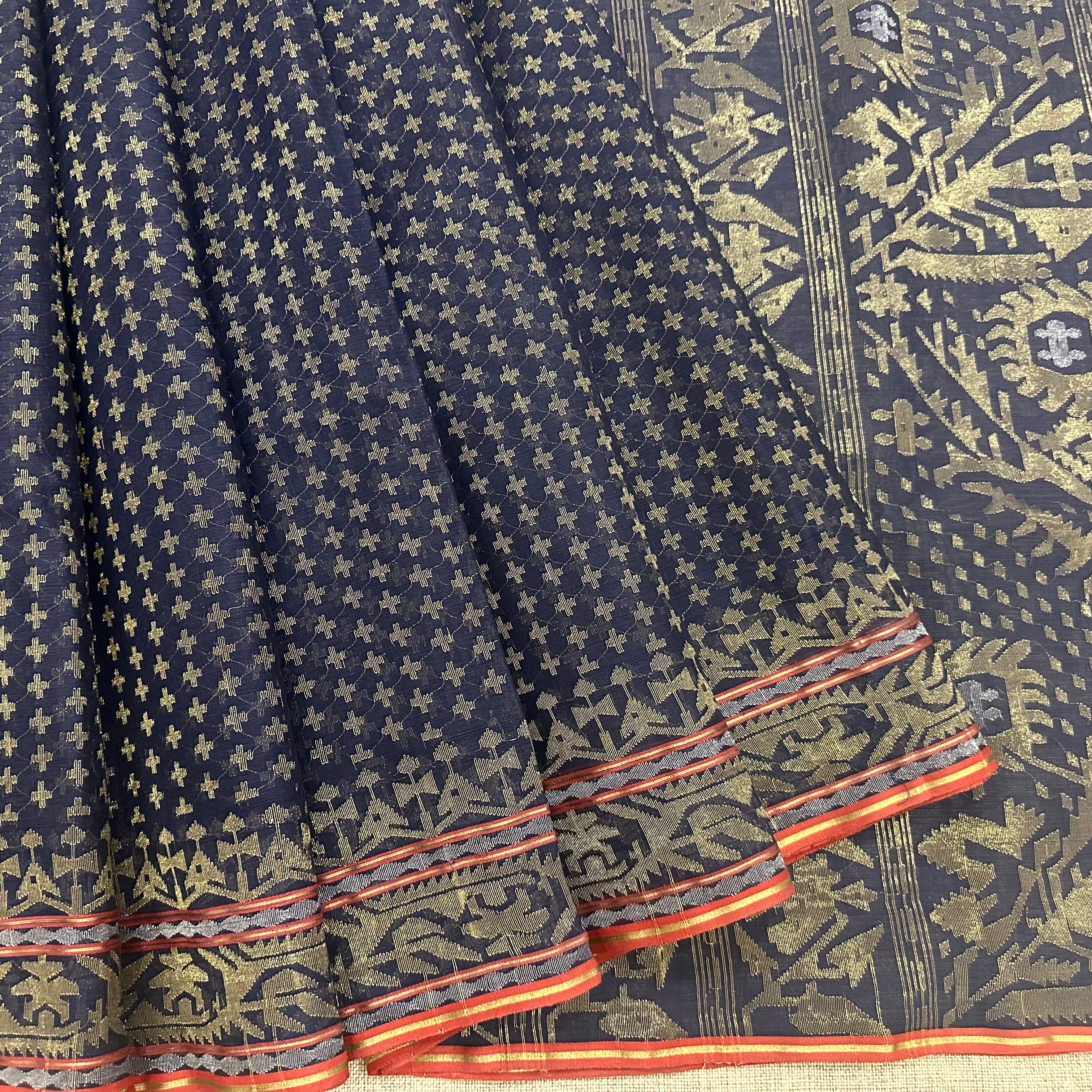 Natural Dyed Indigo with Golden Zari Dhakai Jamdani