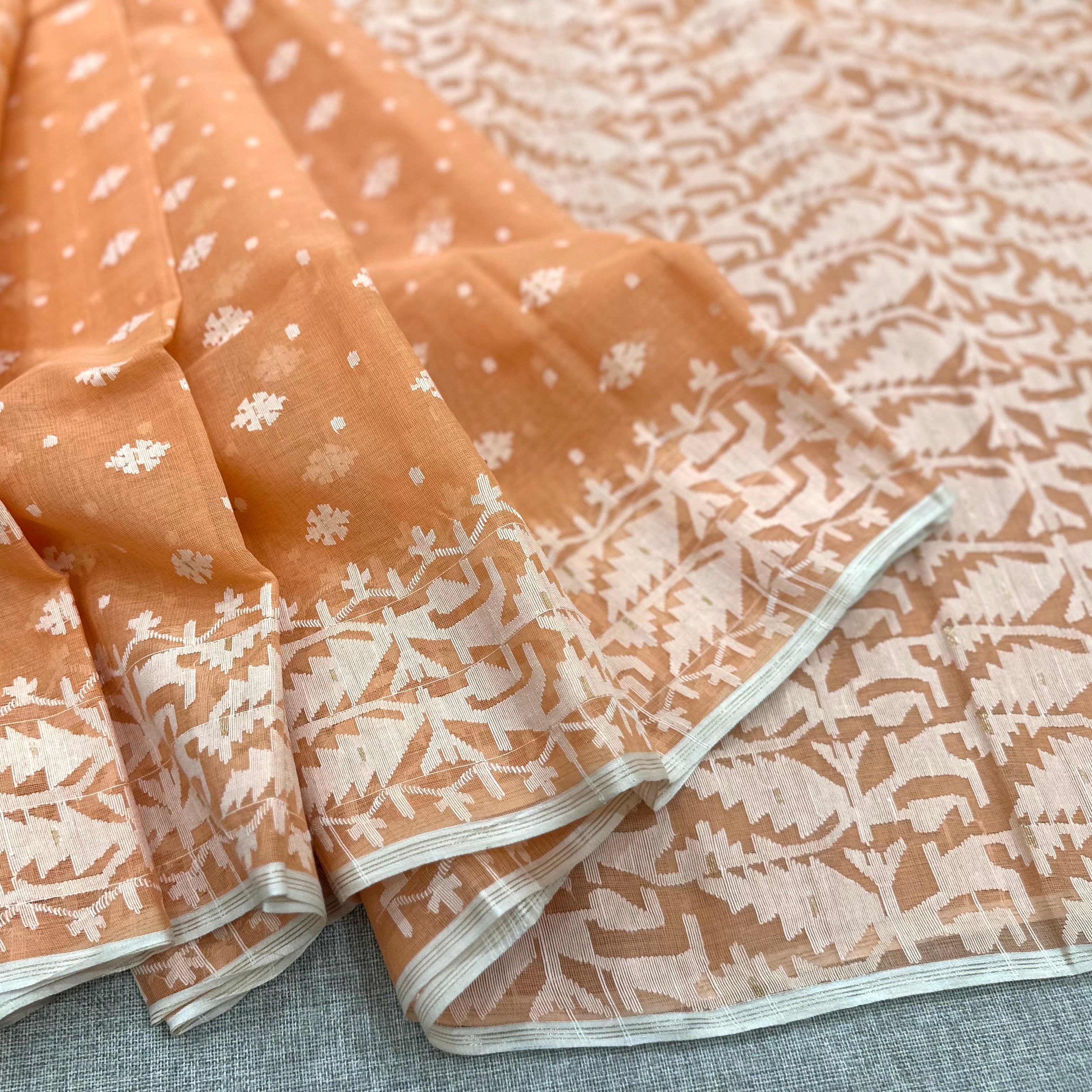 Peach and White Dhakai Jamdani