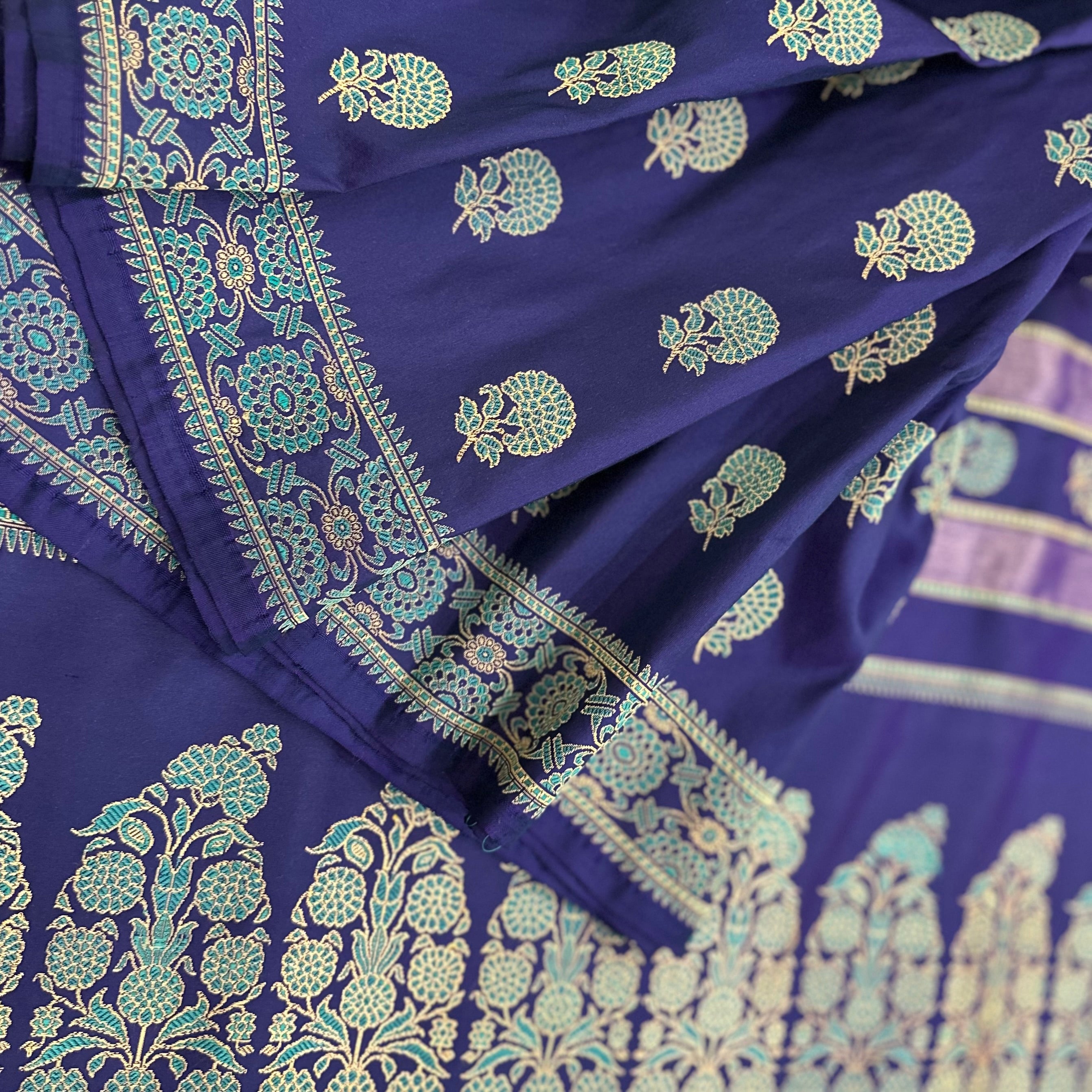 Blue and Turquoise marigold Revival Baluchari Saree