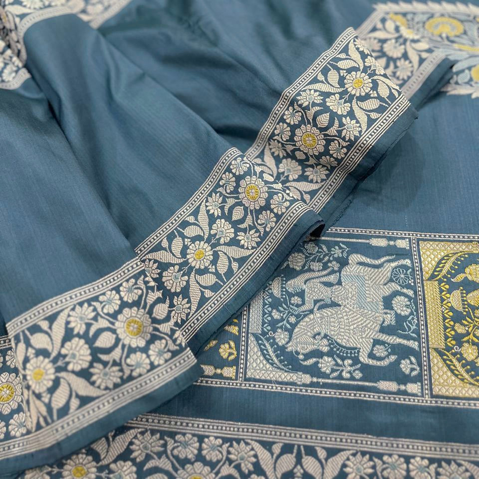 Cobalt Blue Three Border Baluchari Saree