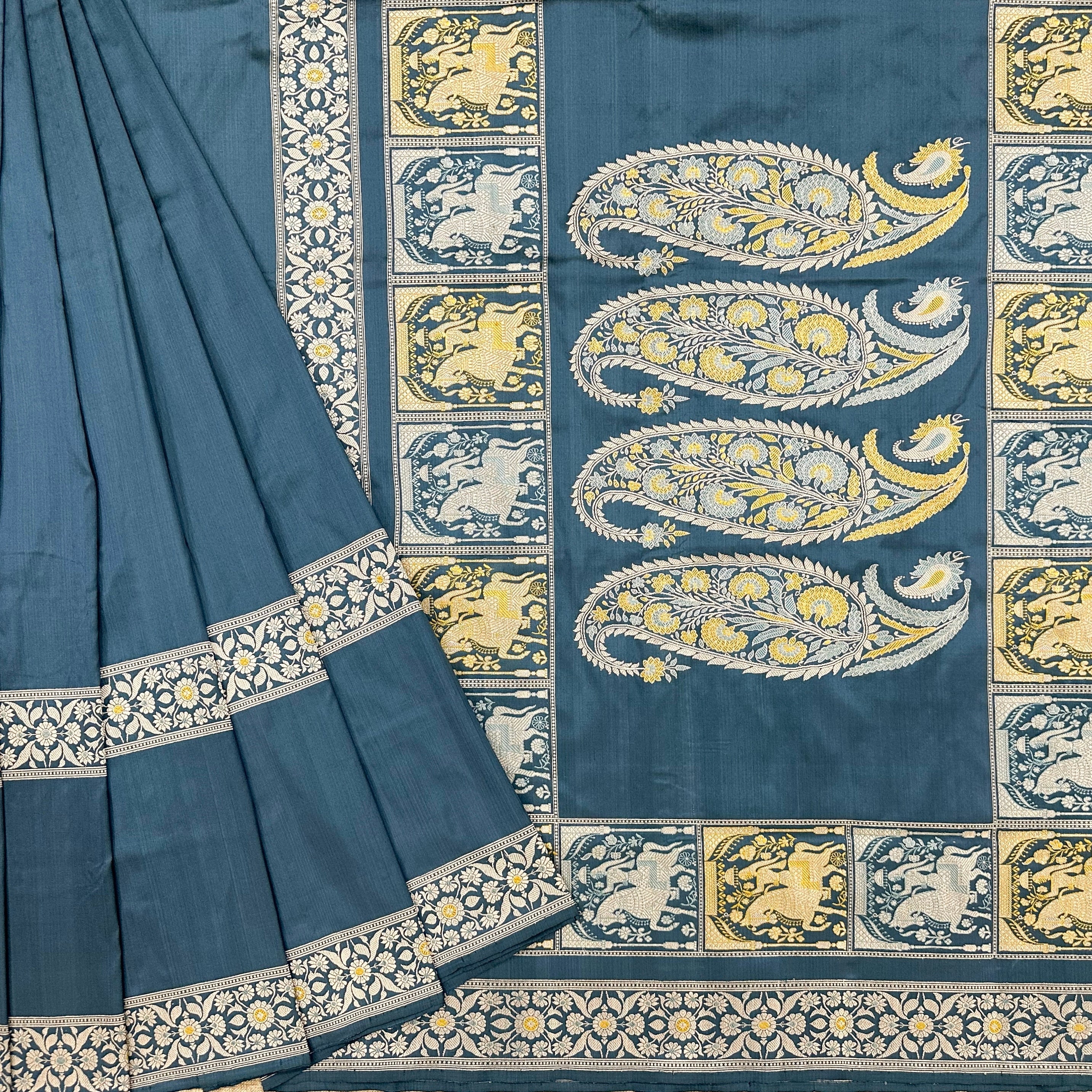 Cobalt Blue Three Border Baluchari Saree