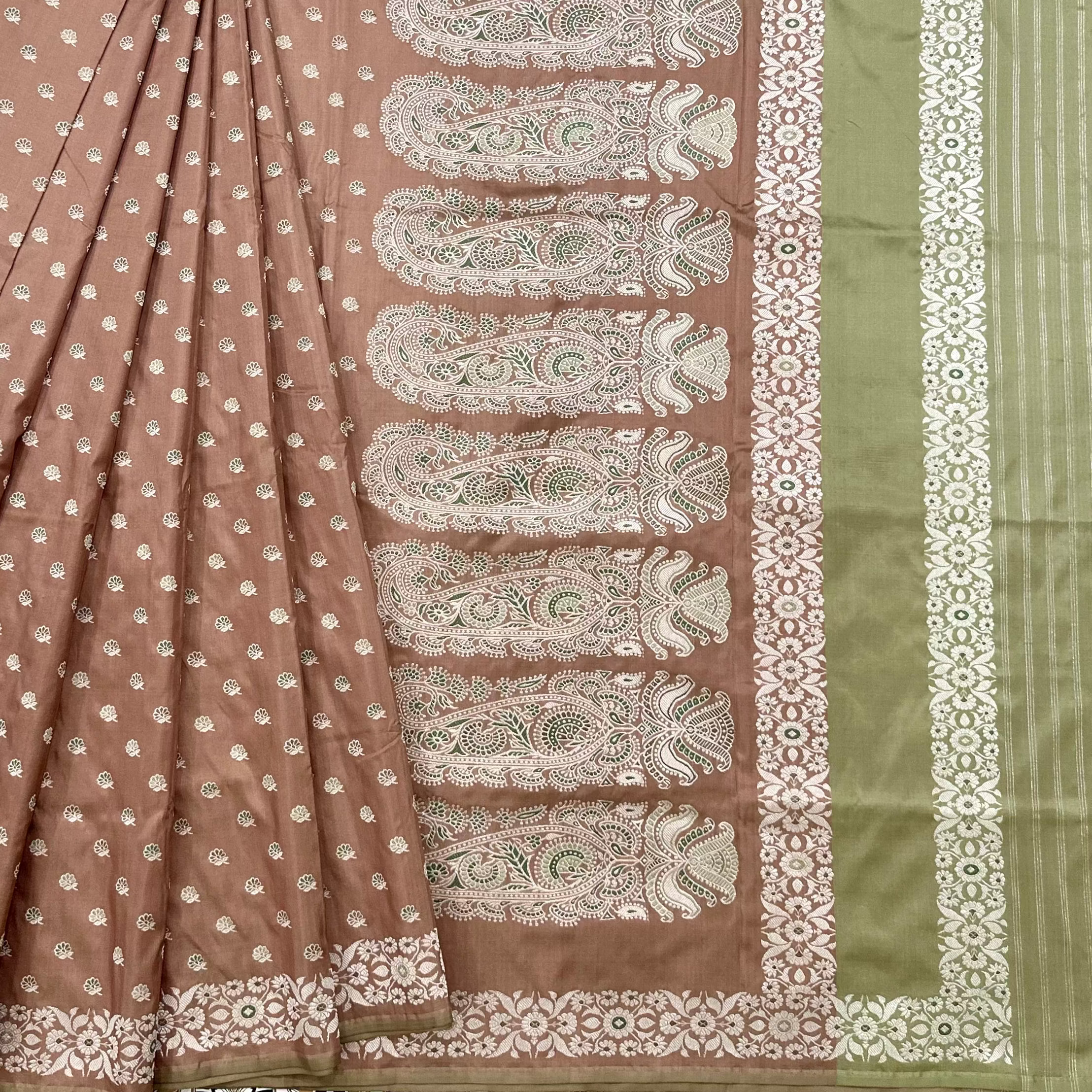 Rosy Brown and Green Baluchari Saree with Paisleys in the Palla