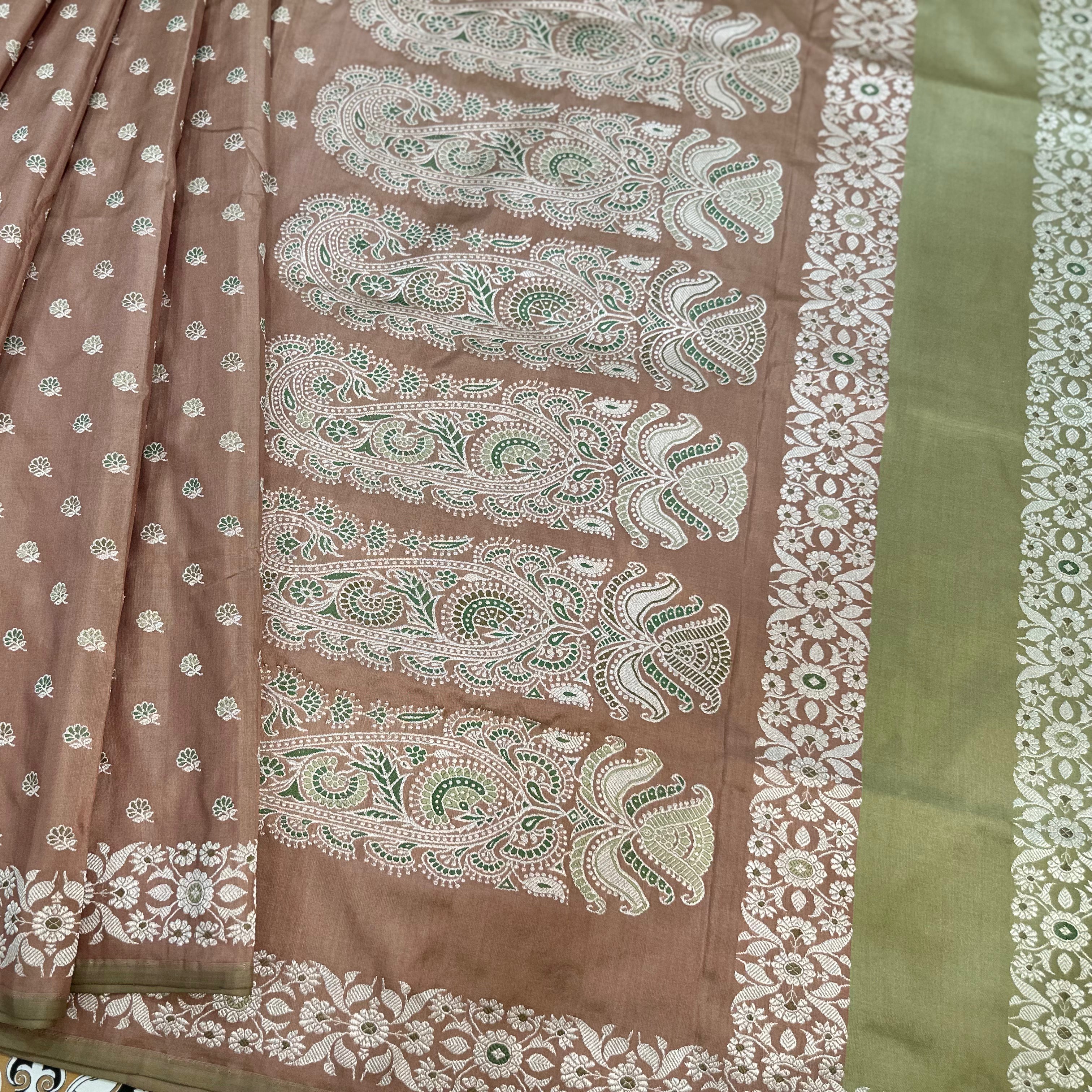 Rosy Brown and Green Baluchari Saree with Paisleys in the Palla