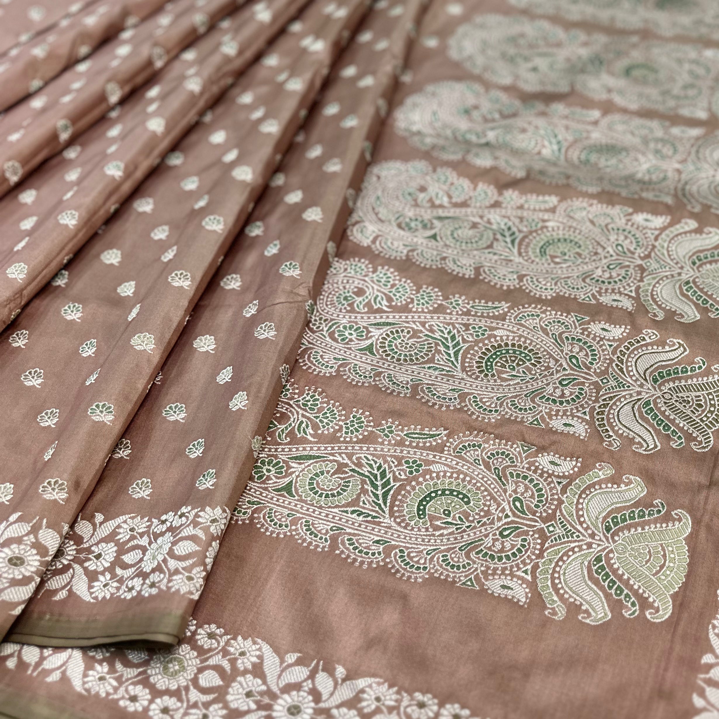 Rosy Brown and Green Baluchari Saree with Paisleys in the Palla