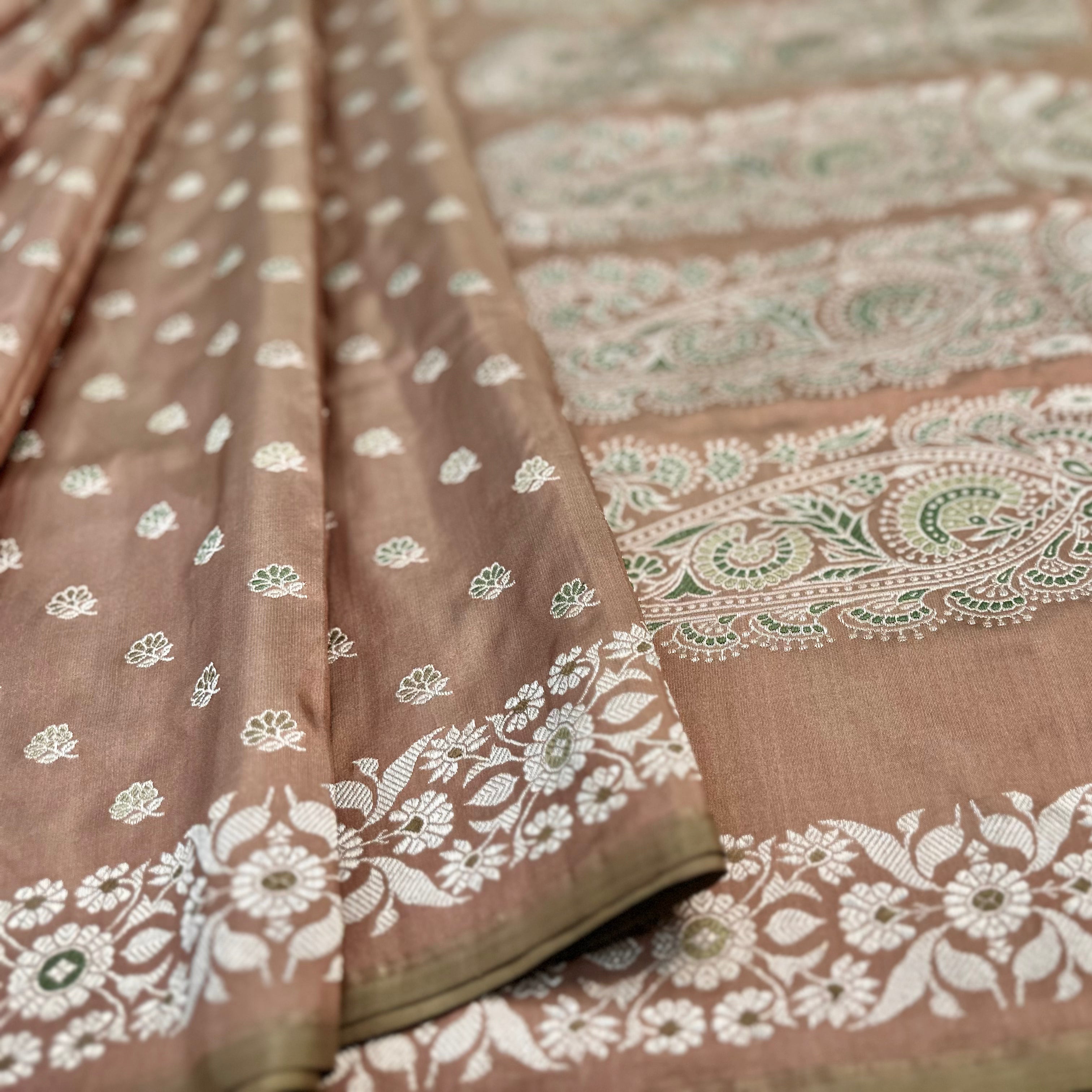 Rosy Brown and Green Baluchari Saree with Paisleys in the Palla