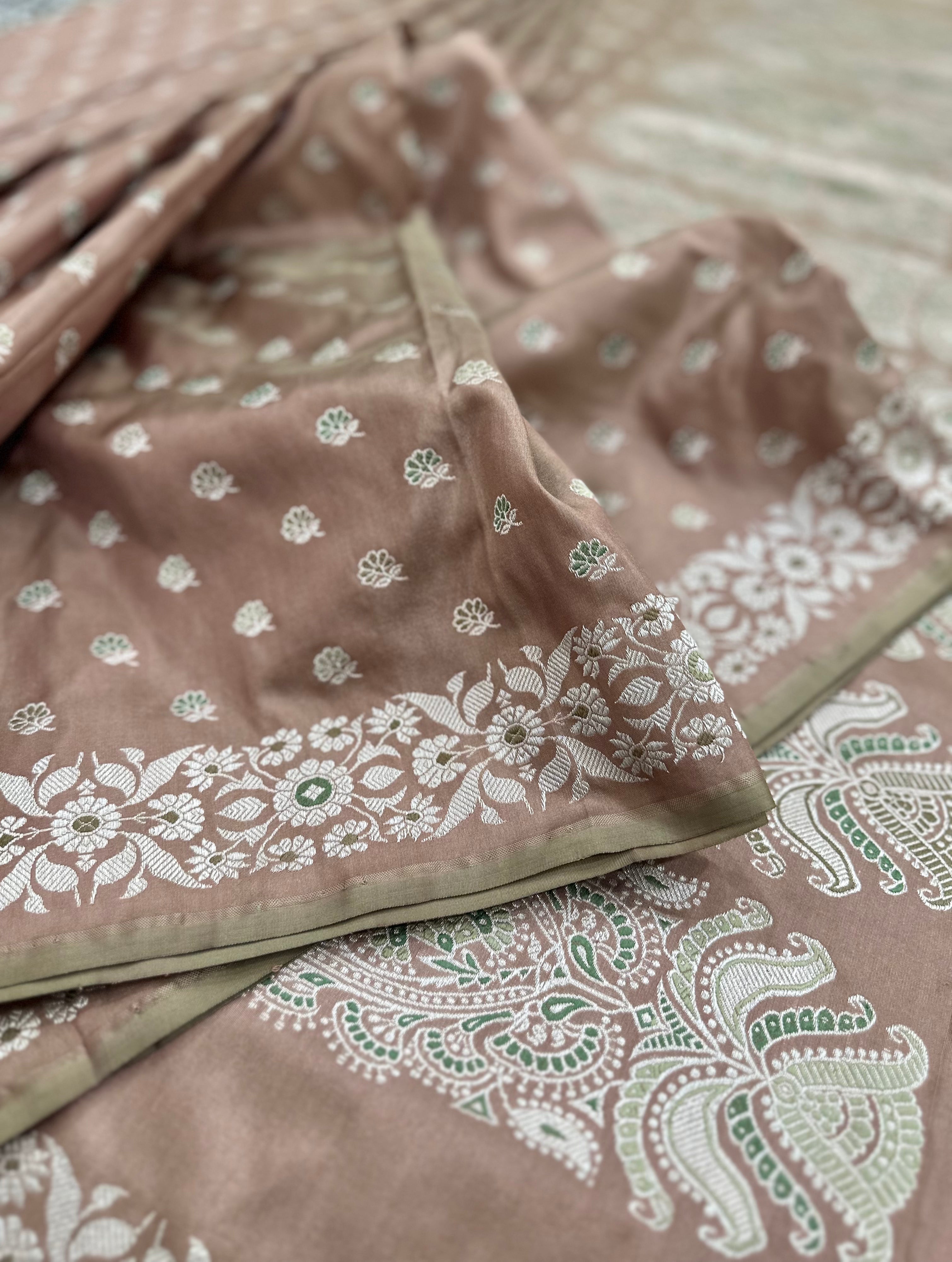 Rosy Brown and Green Baluchari Saree with Paisleys in the Palla
