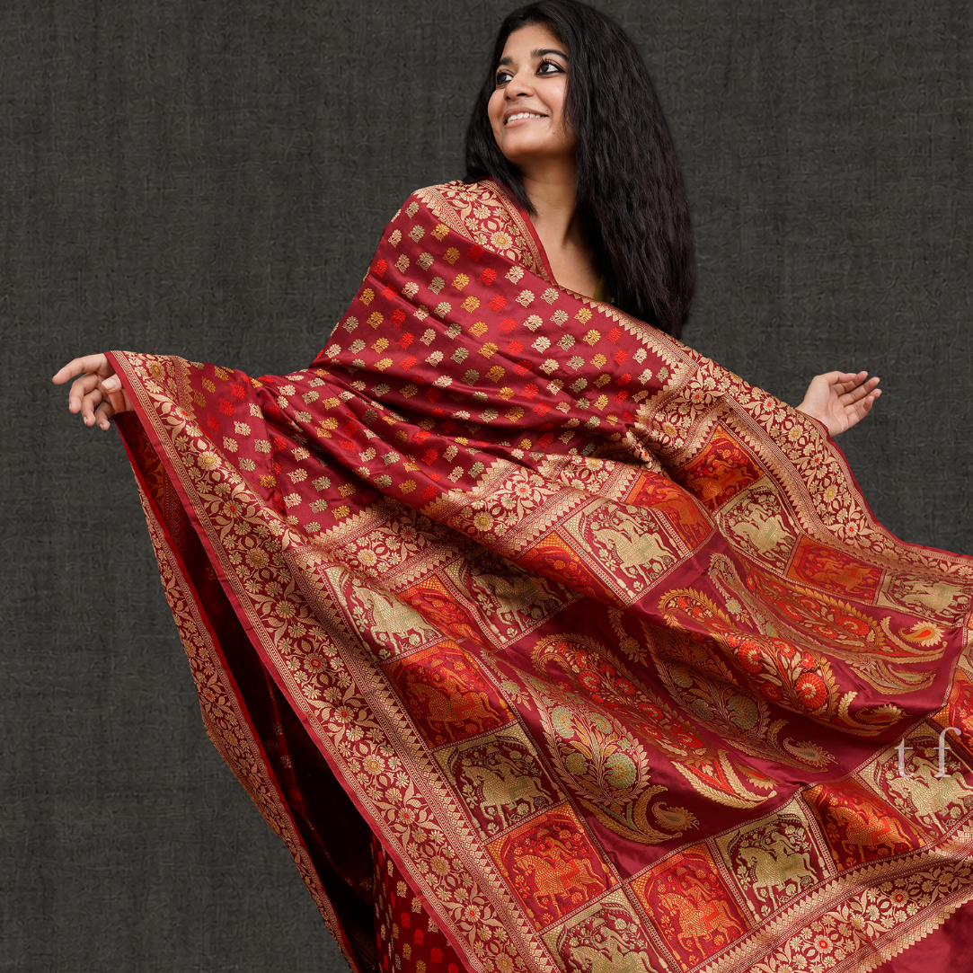 Red Revival Baluchari Saree with Horse Palla