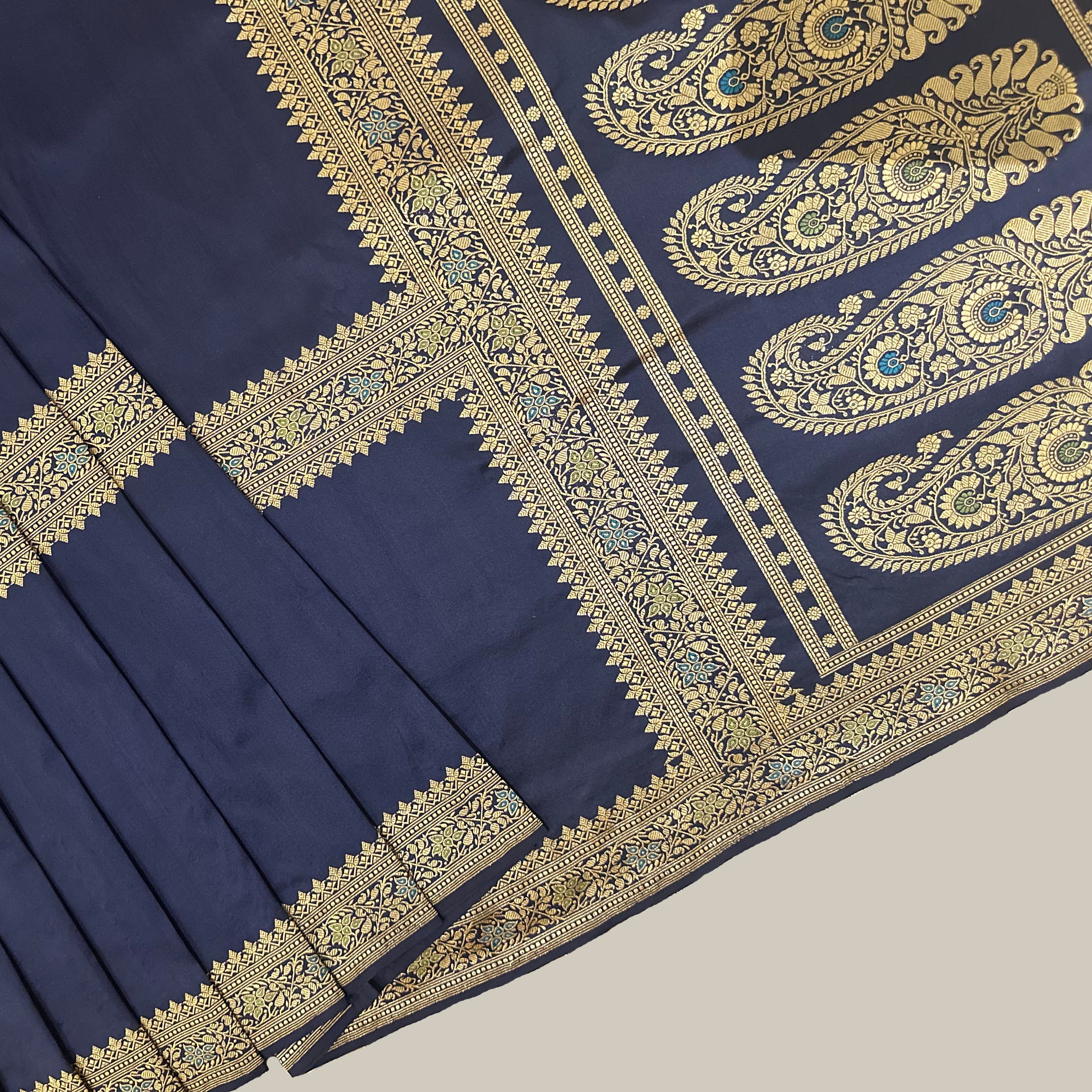 Blue Three Bordered Saree with Paisleys in the Palla