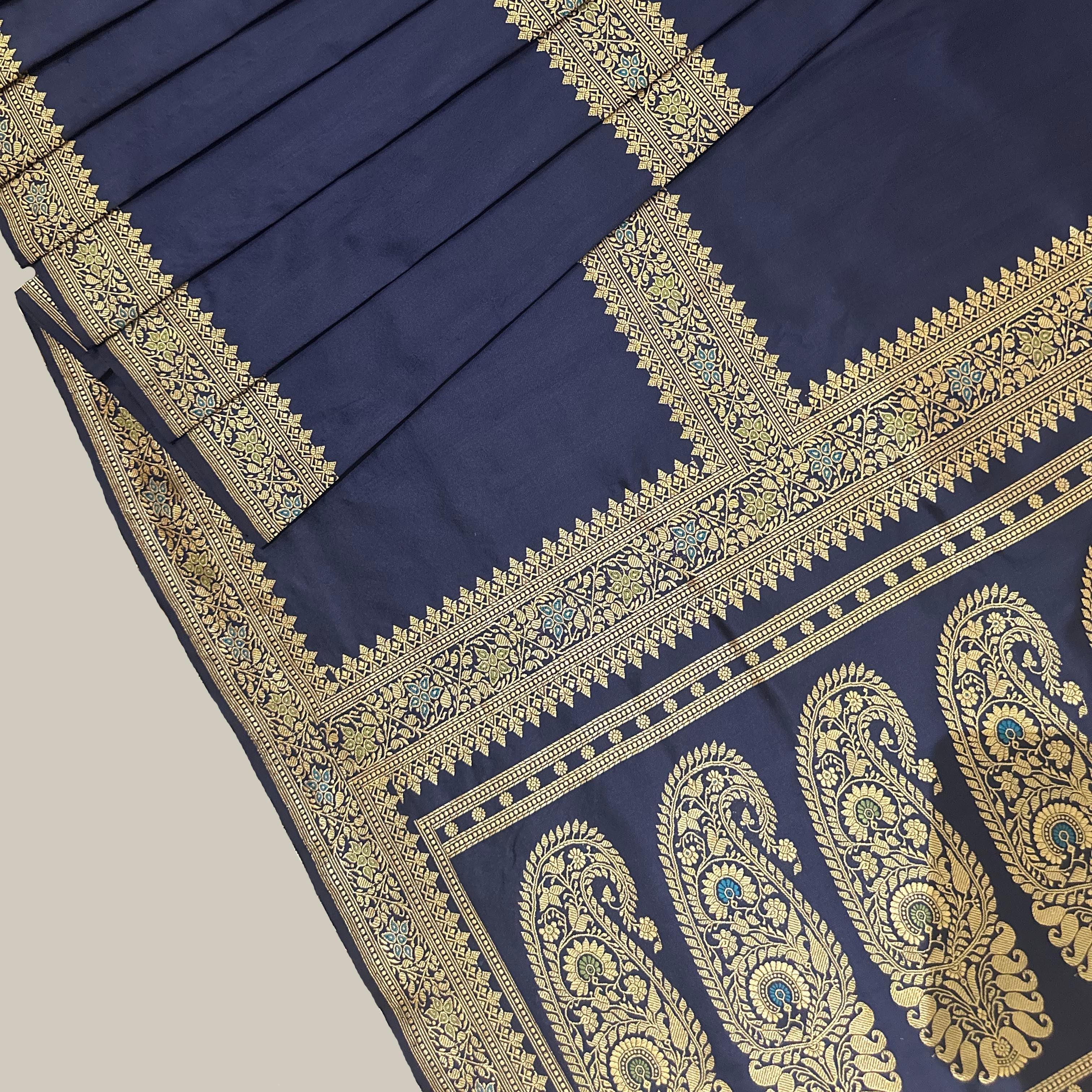 Midnight Blue Three Border Baluchari Saree