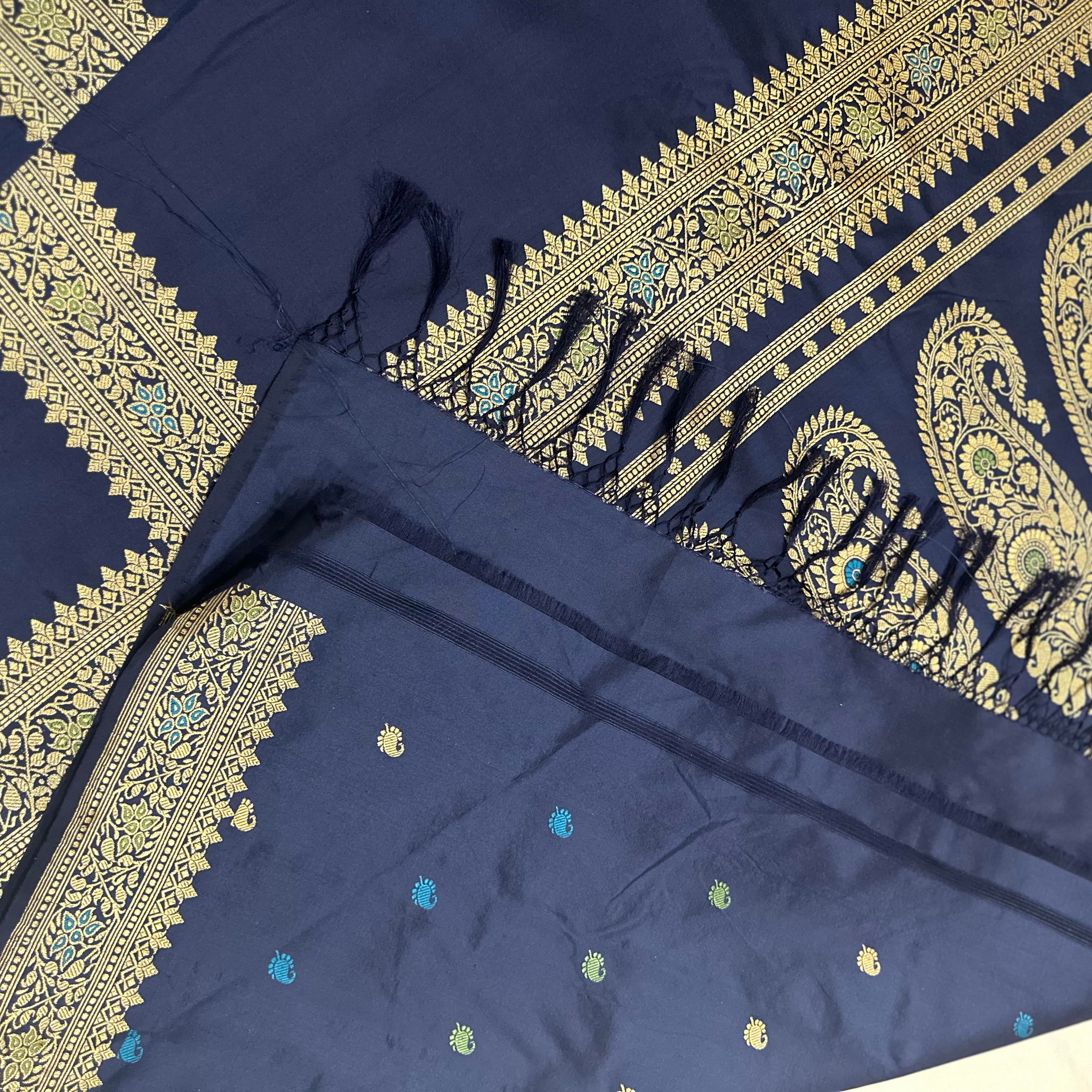 Midnight Blue Three Border Baluchari Saree