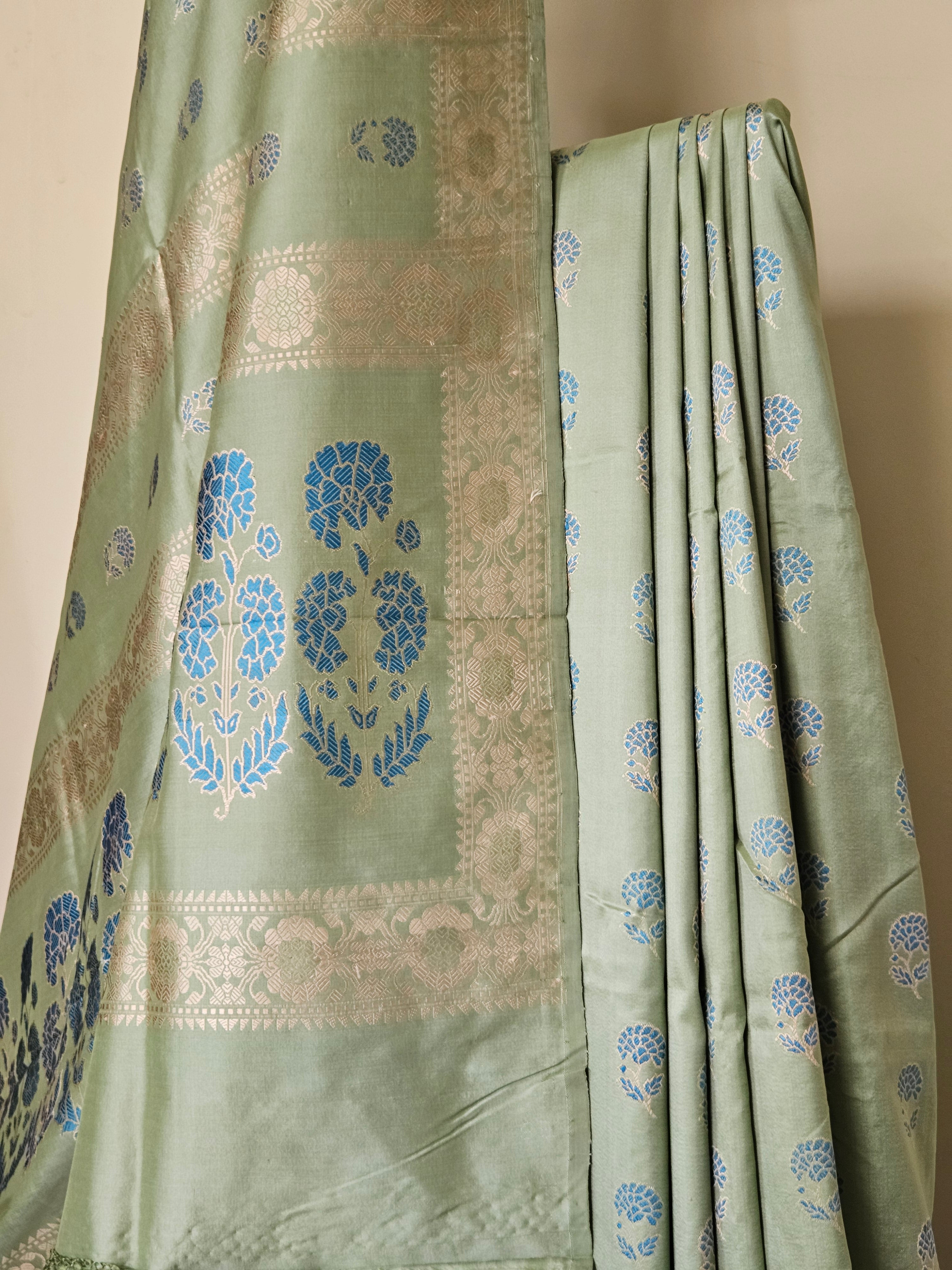 Light Pista Green with Turquoise Revival Baluchari Saree