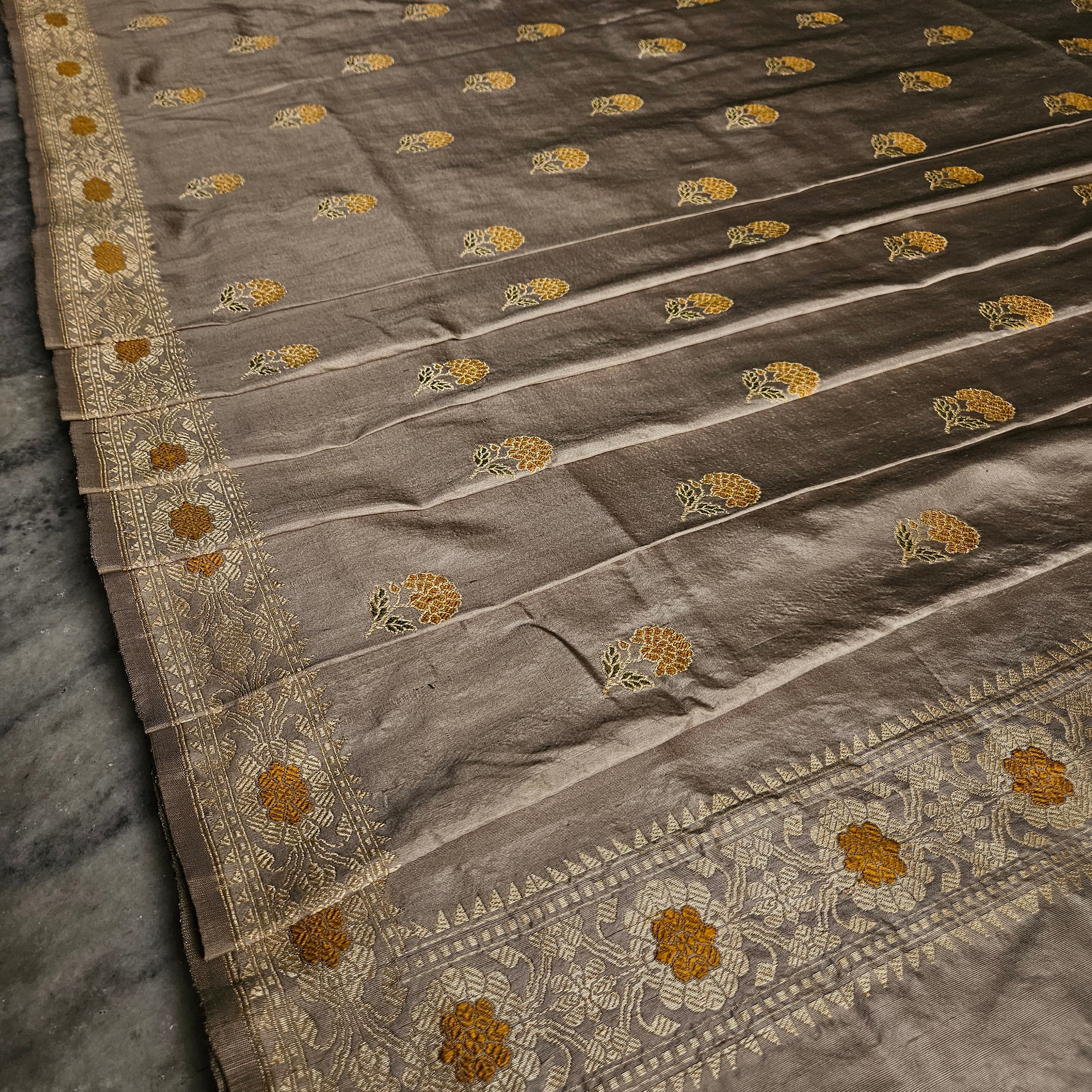 Grey with Yellow Revival Baluchari Saree