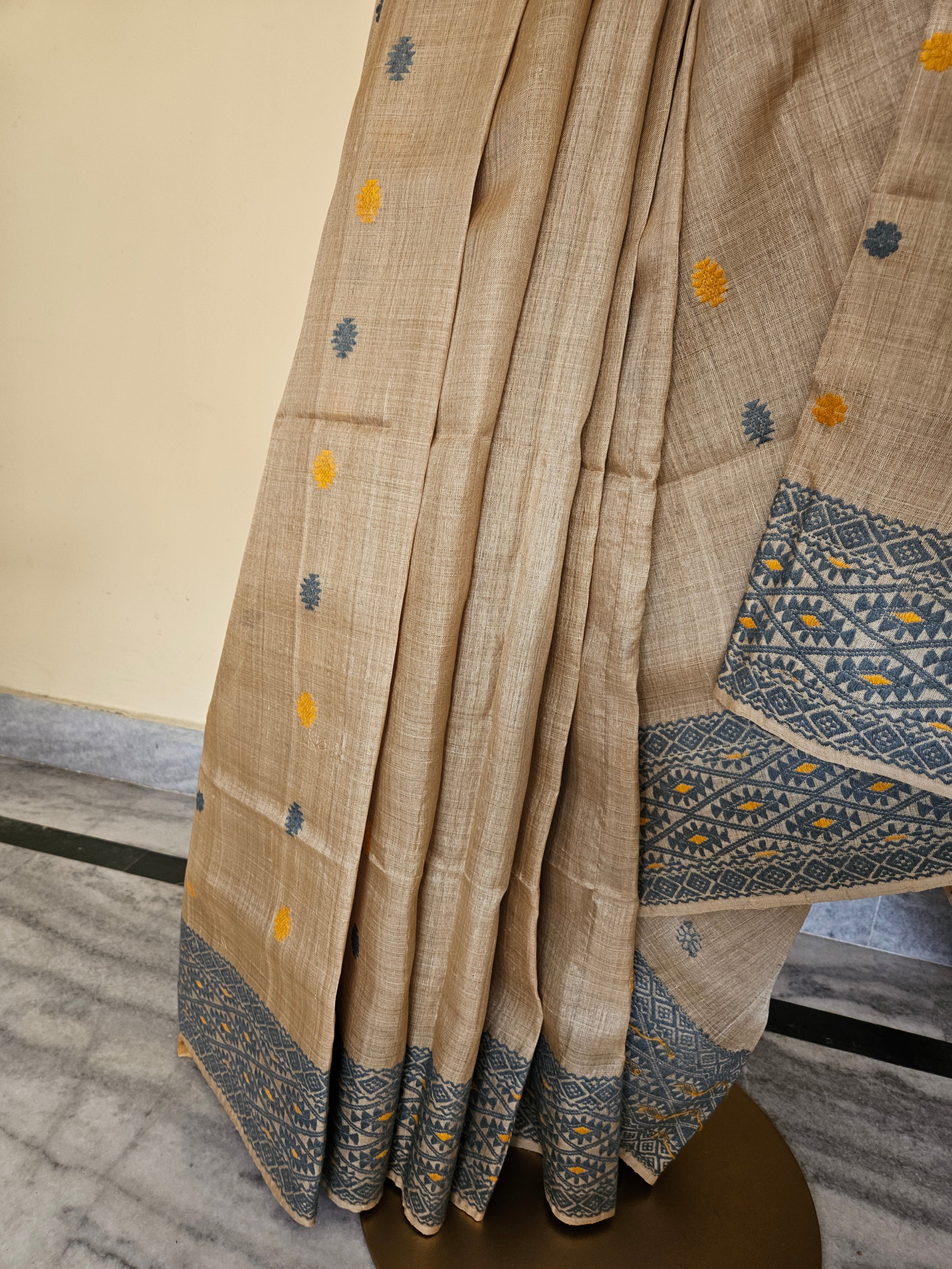 Heirloom Pure Assam Muga Saree with Natural Dyed Eri Extra Weft in Indigo and Mustard