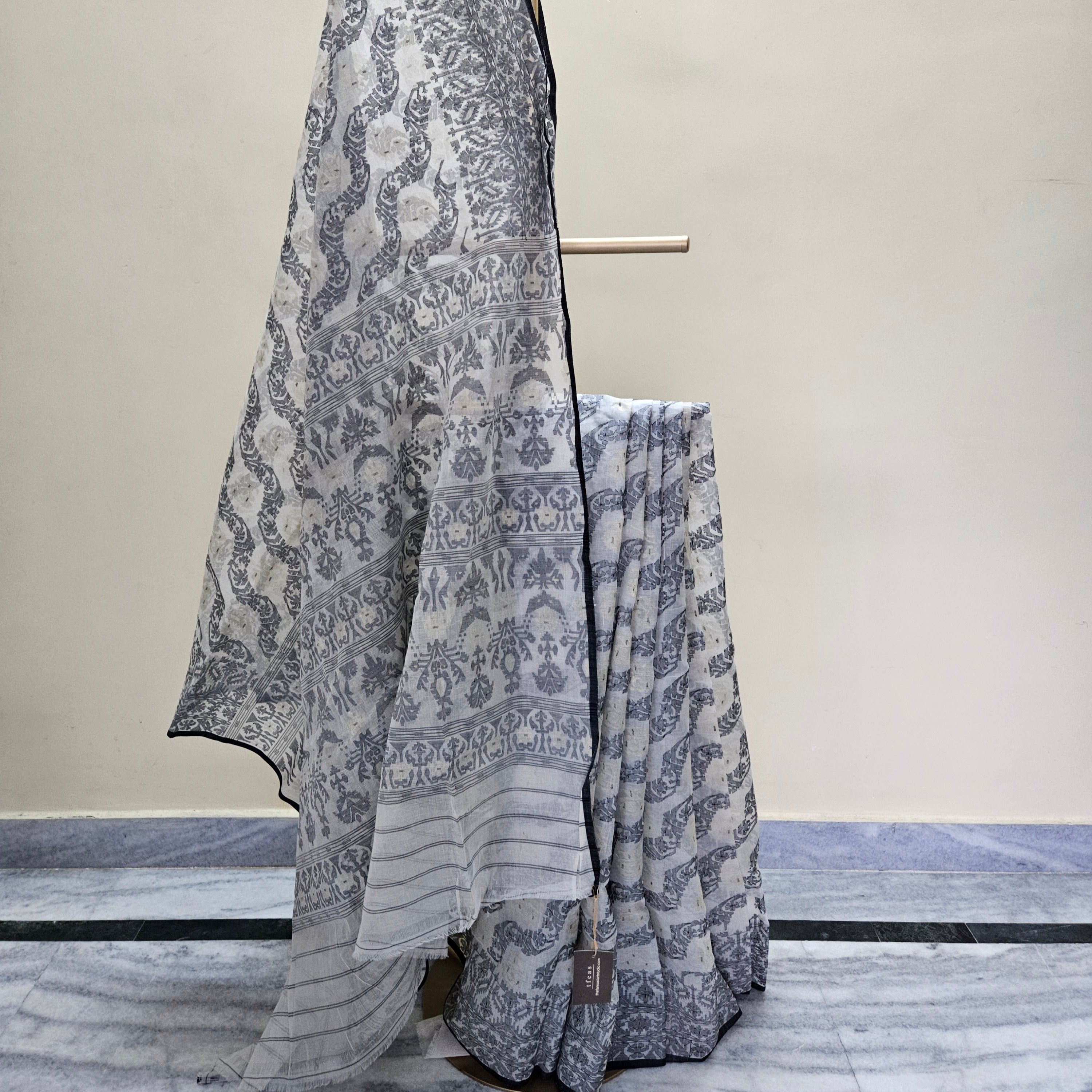 200 count khadi white and black dhakai jamdani with floral palla